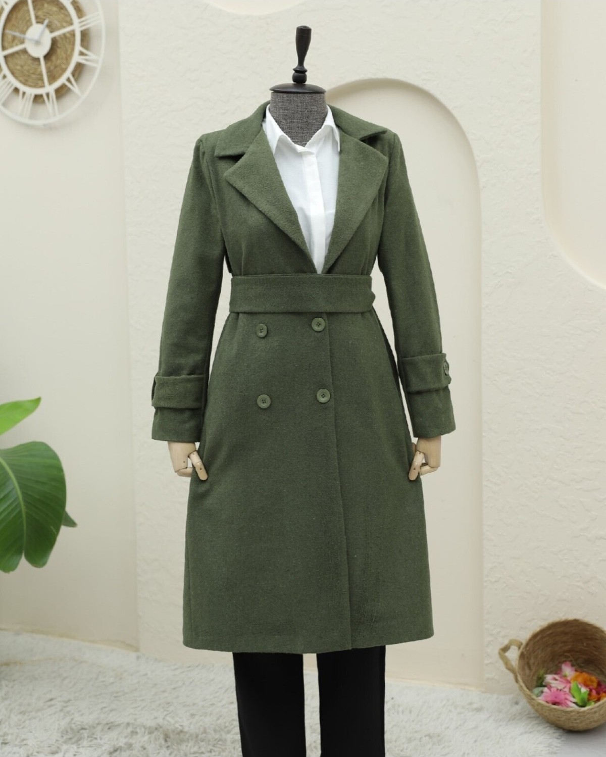 Moda Morfo Arkası Bolero Detaylı Kemerli Kaşe Kaban -Haki görsel 3