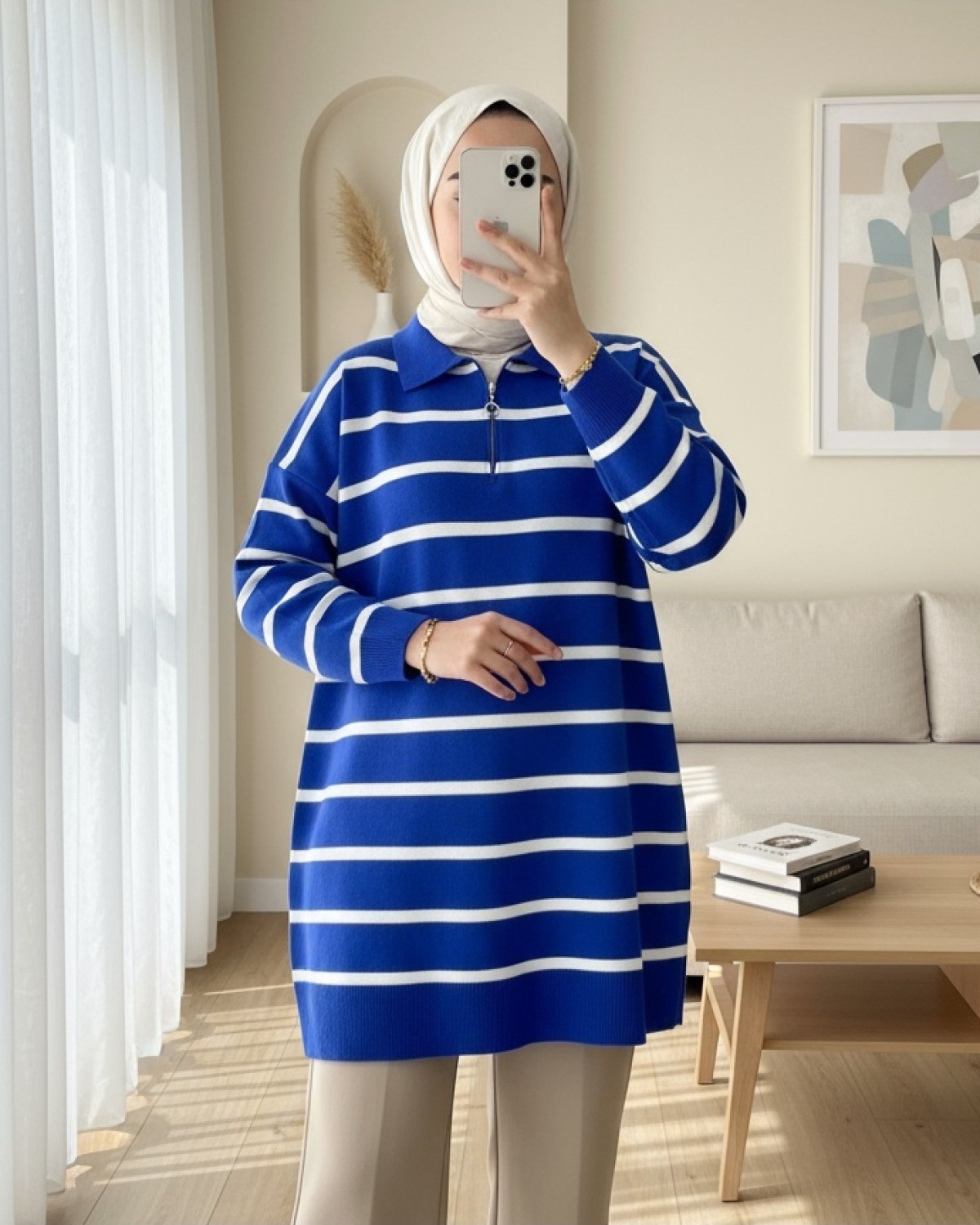 Moda Morfo Polo Yaka Fermuarlı Triko Tunik -Saks
