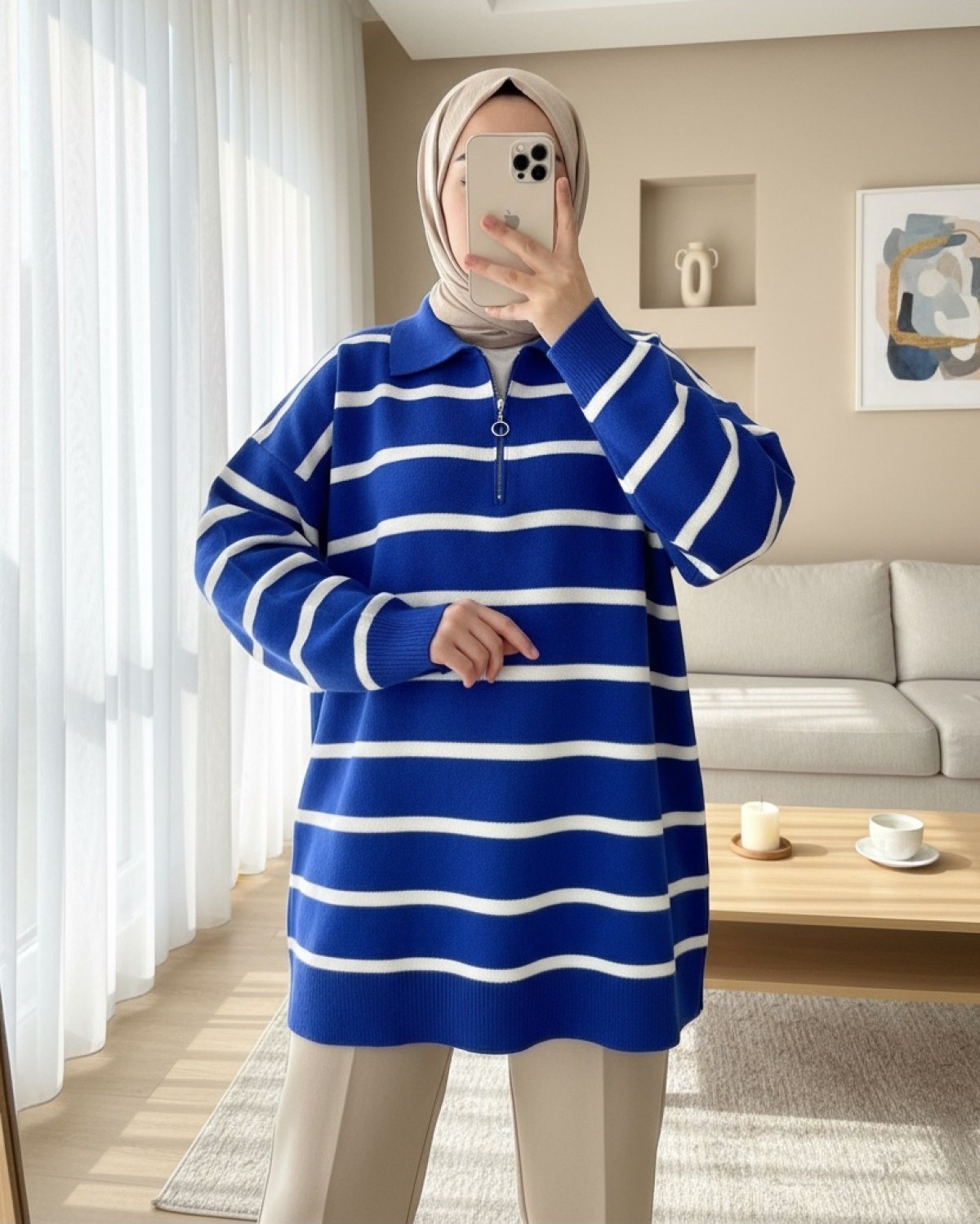 Moda Morfo Polo Yaka Fermuarlı Triko Tunik -Saks görsel 2