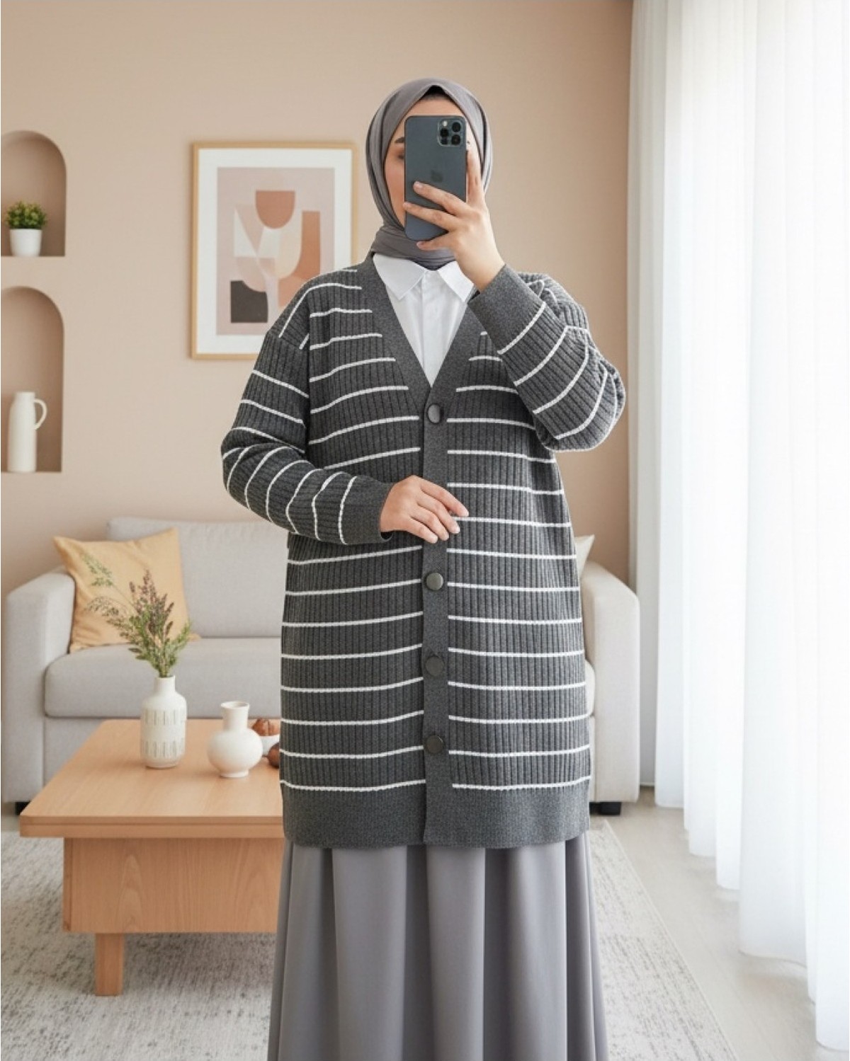 Moda Morfo Fitilli Düğmeli Uzun Triko Hırka -Krem görsel 2