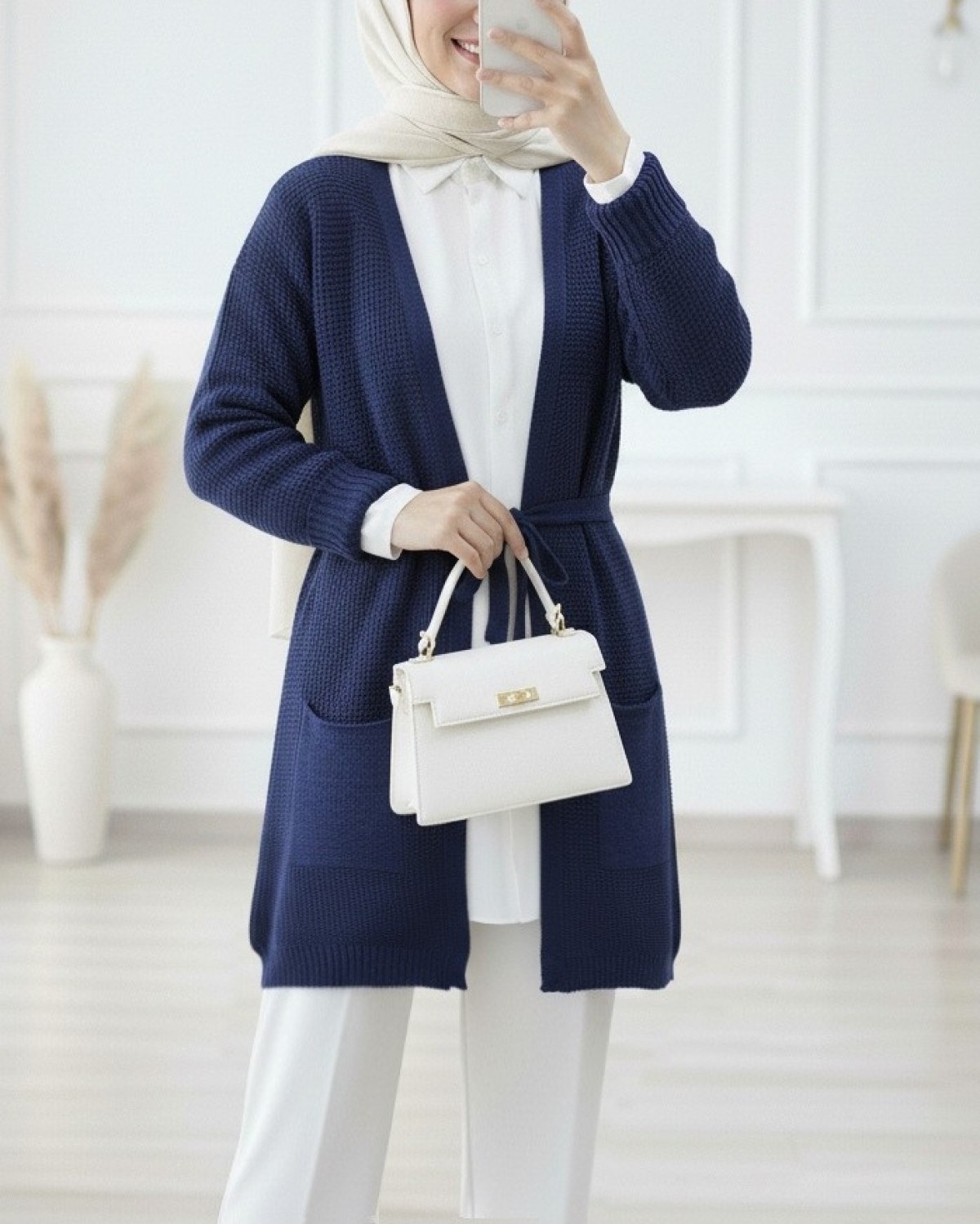 Moda Morfo Bağcıklı Prinç Örgü Triko Hırka -İndigo görsel 3