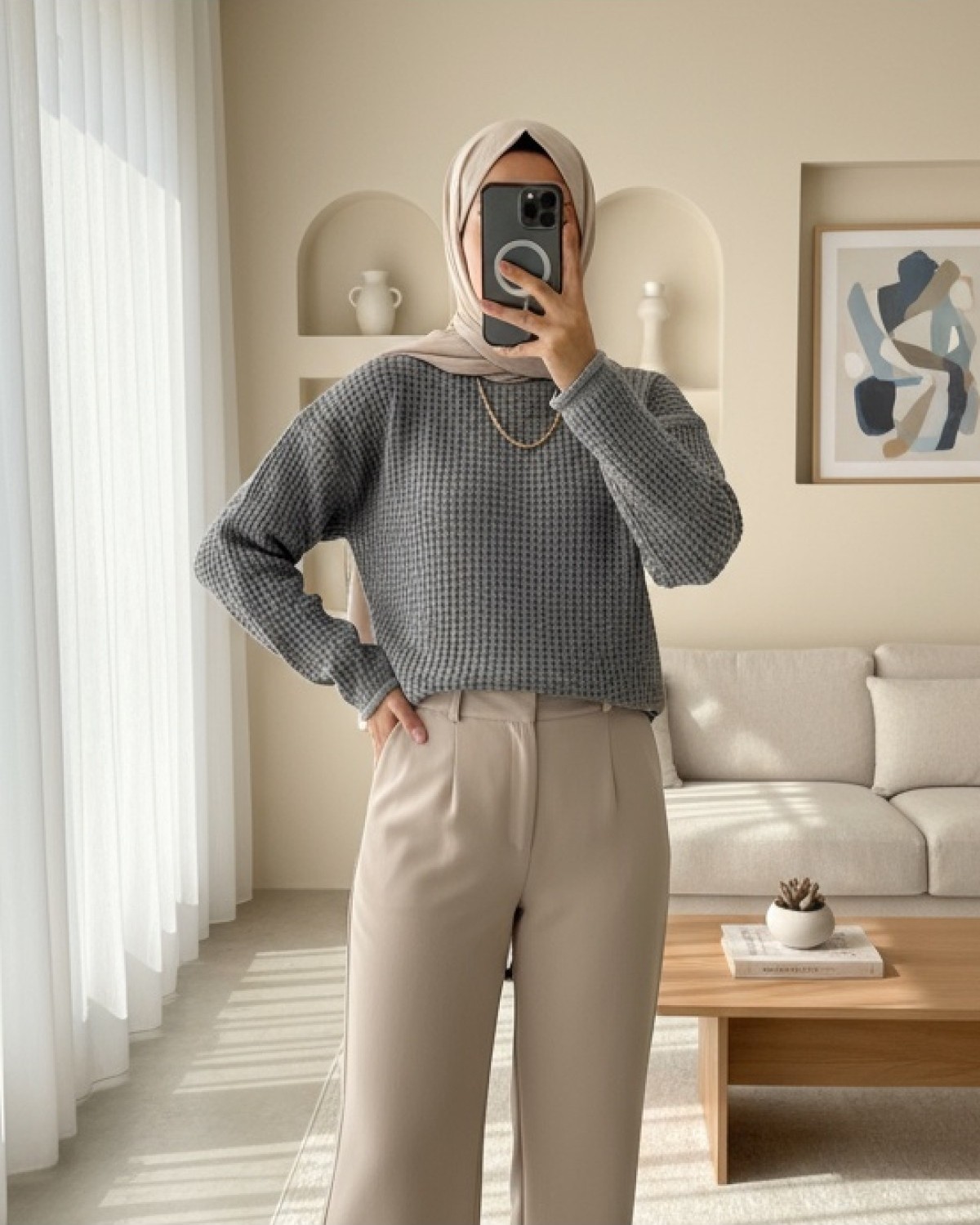 Moda Morfo Yuvarlak Yaka Örgü Triko Kazak -Gri