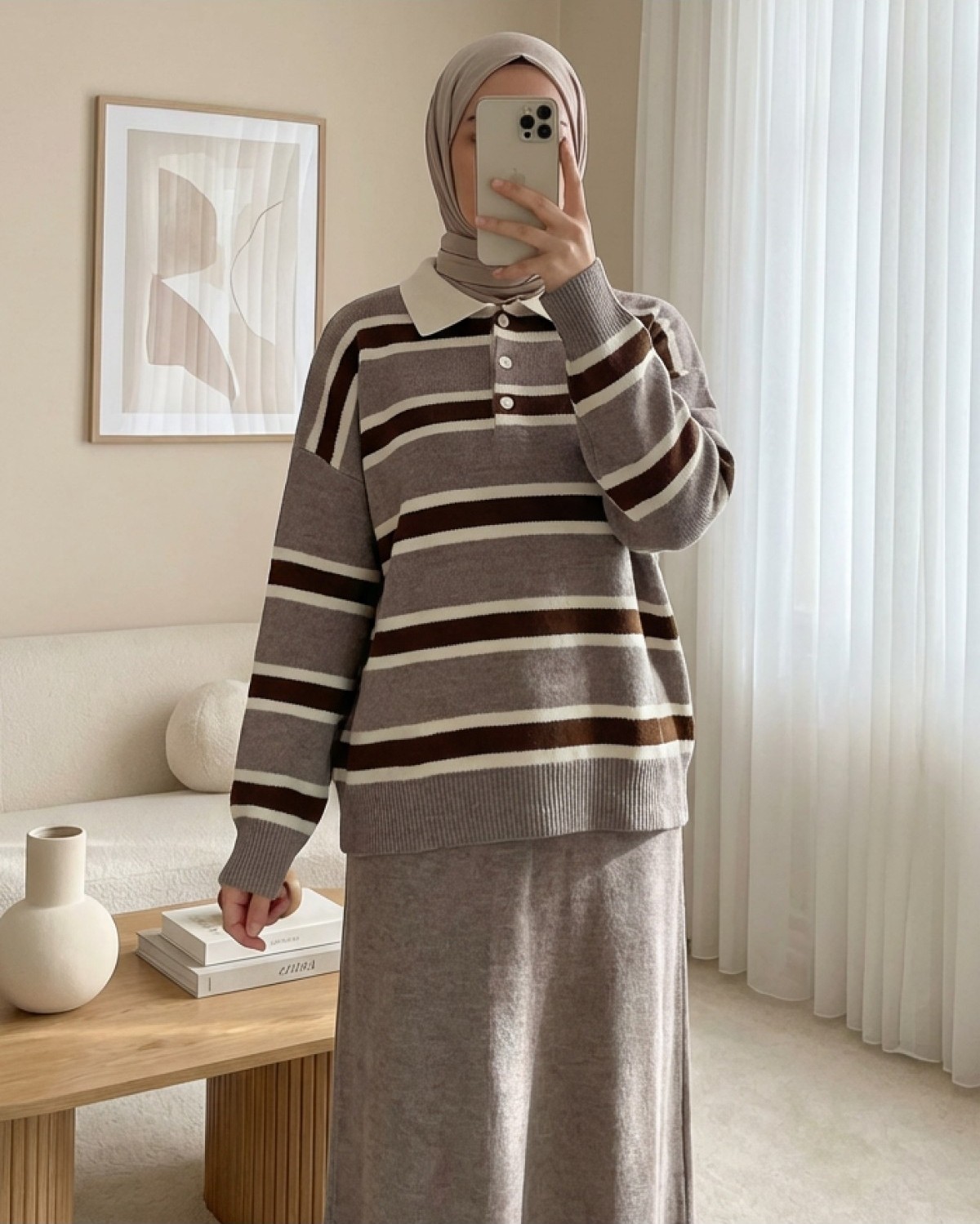 Moda Morfo Polo Yaka Düğmeli Renkli Çizgili Triko Kazak -Toprak