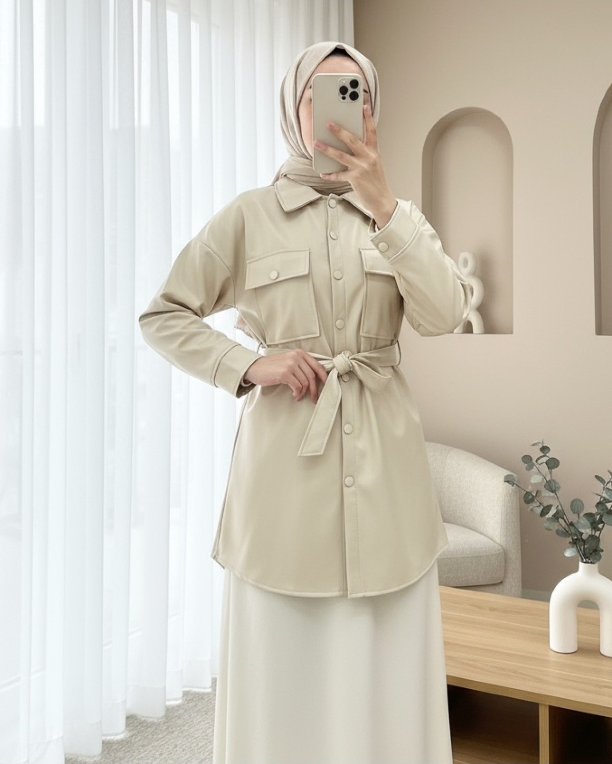 Moda Morfo Beli Bağlamalı Çift Cepli Deri Gömlek -Taba görsel 7