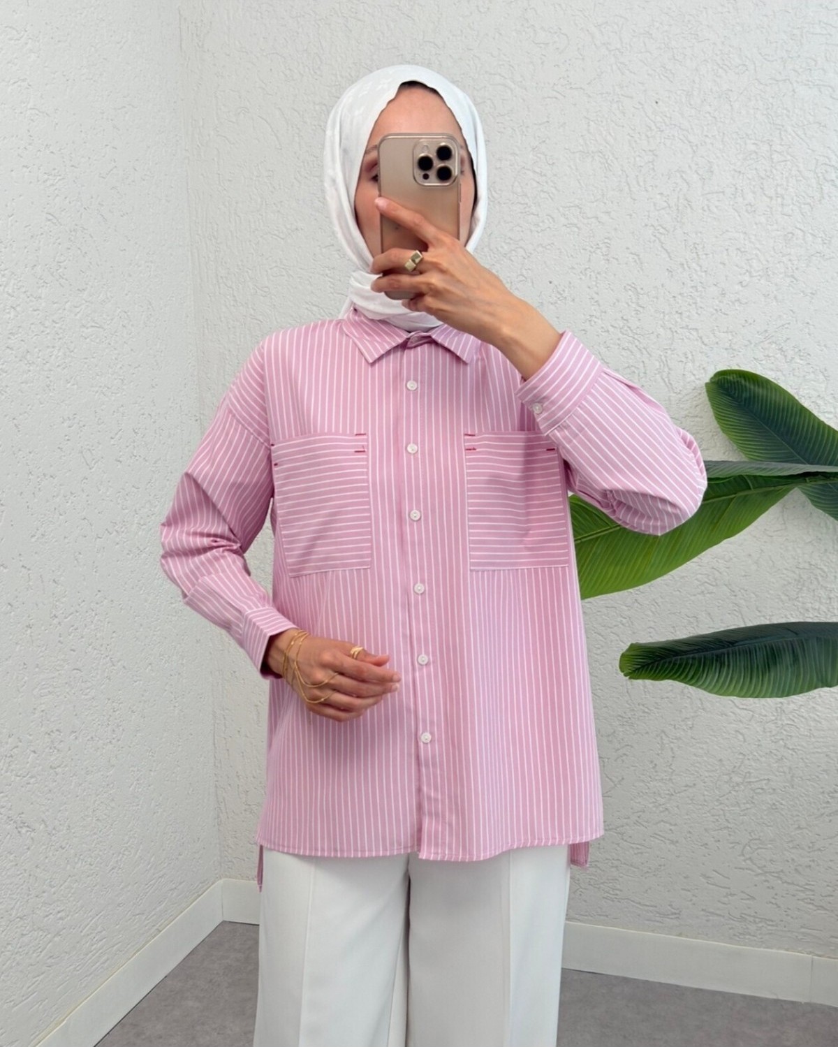 Moda Morfo Puntalı Çizgili Gömlek -Pembe görsel 3
