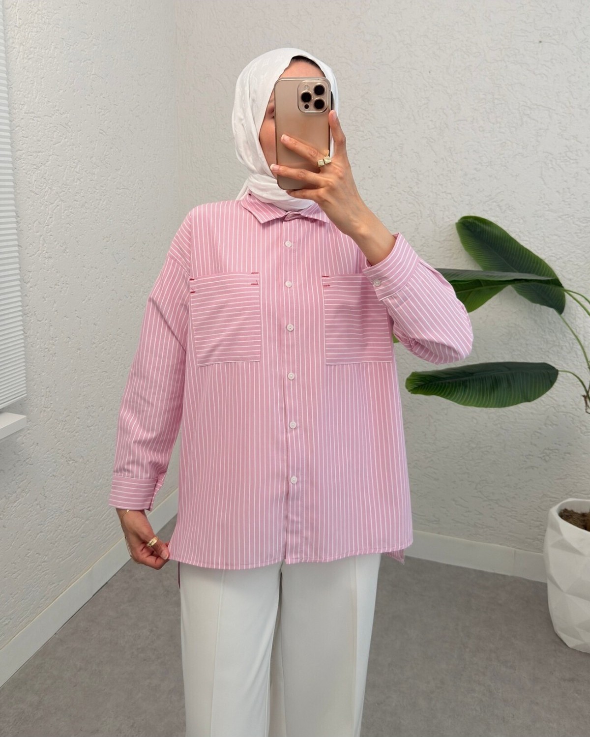 Moda Morfo Puntalı Çizgili Gömlek -Pembe görsel 4