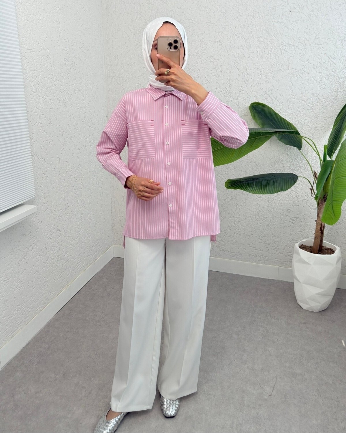 Moda Morfo Puntalı Çizgili Gömlek -Pembe görsel 5