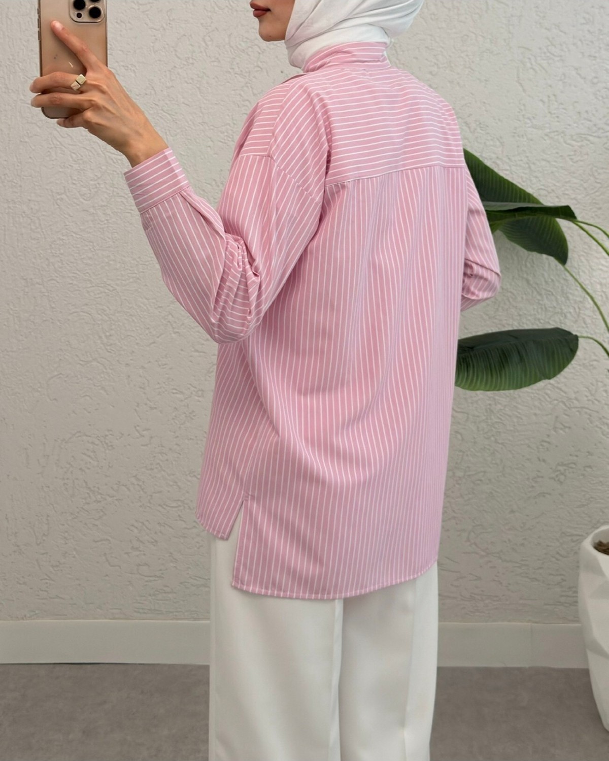 Moda Morfo Puntalı Çizgili Gömlek -Pembe görsel 6