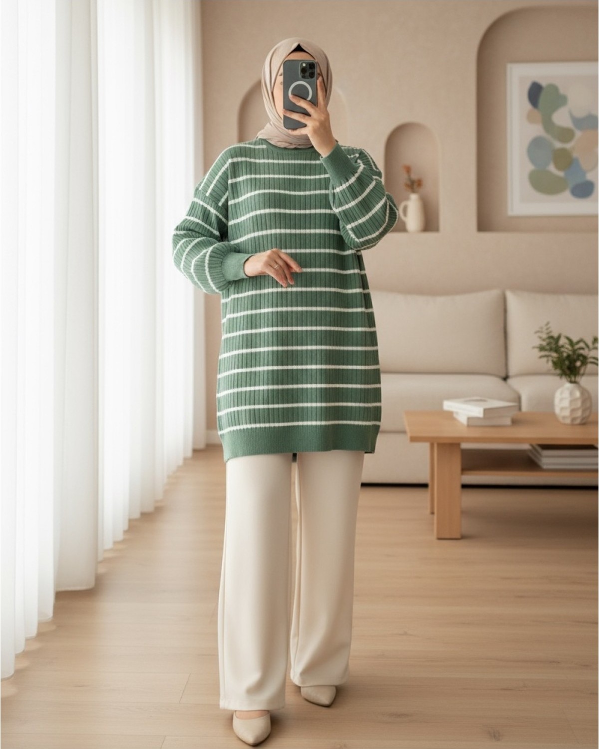 Moda Morfo Bisiklet Yaka Fitilli Triko Tunik -Kahve görsel 2