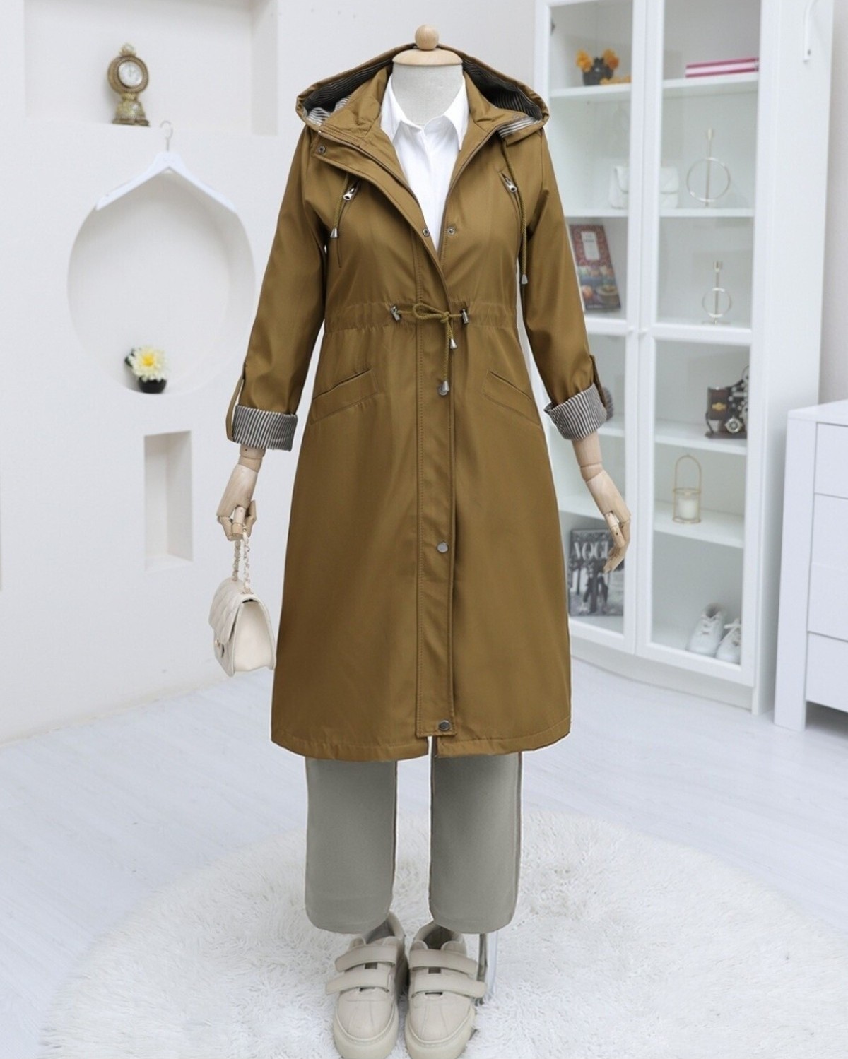 Moda Morfo Çıtçıtlı Fermuarlı Kapşonlu Trenckot -Taba görsel 2