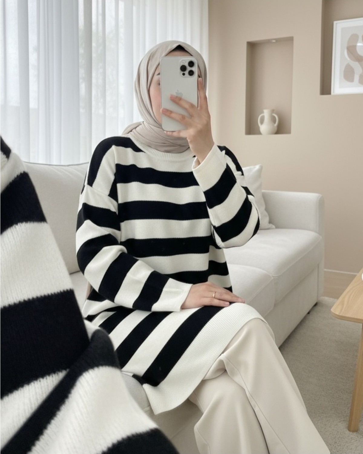 Moda Morfo Bisiklet Yaka Yan Çizgili Triko Tunik -Vizon görsel 4