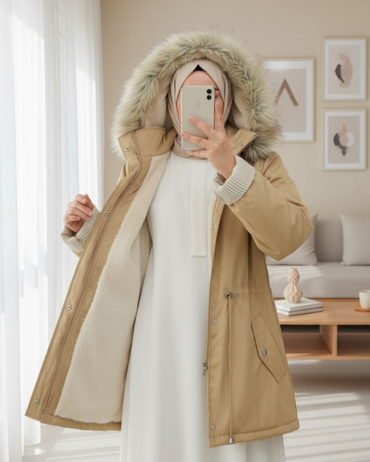 Moda Morfo Kürklü Çıkma Kapşonlu İçi Peluşlu Mont -Vizon görsel 2