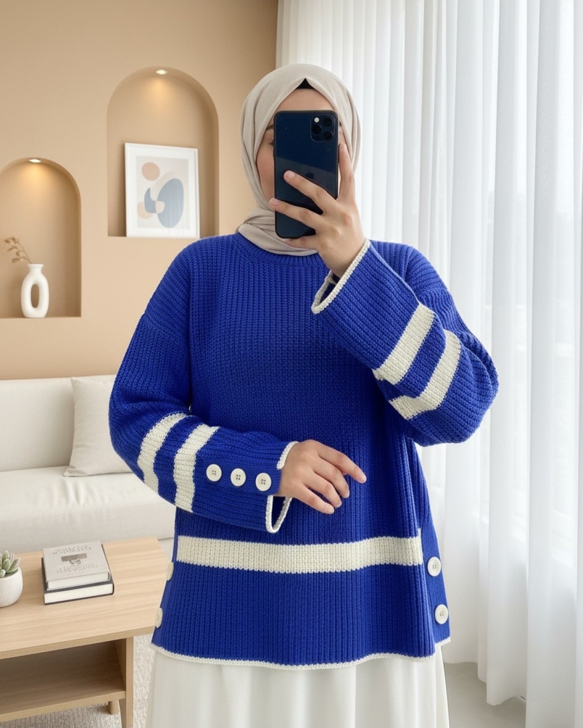Moda Morfo Yanları Düğmeli Örgü Desen Triko Kazak -Saks