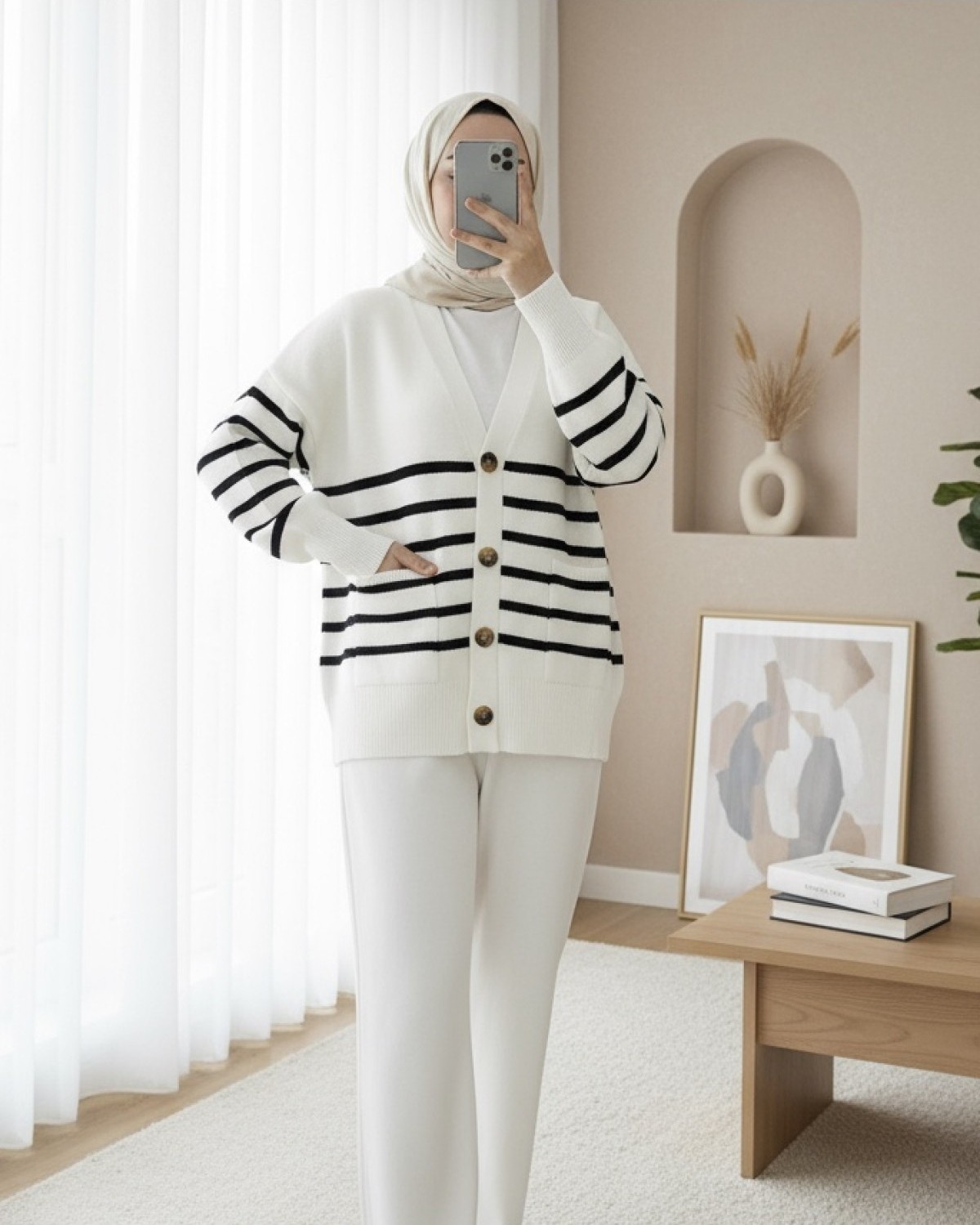 Moda Morfo Çift Cepli Çizgili Düğmeli Hırka -Ekru görsel 8