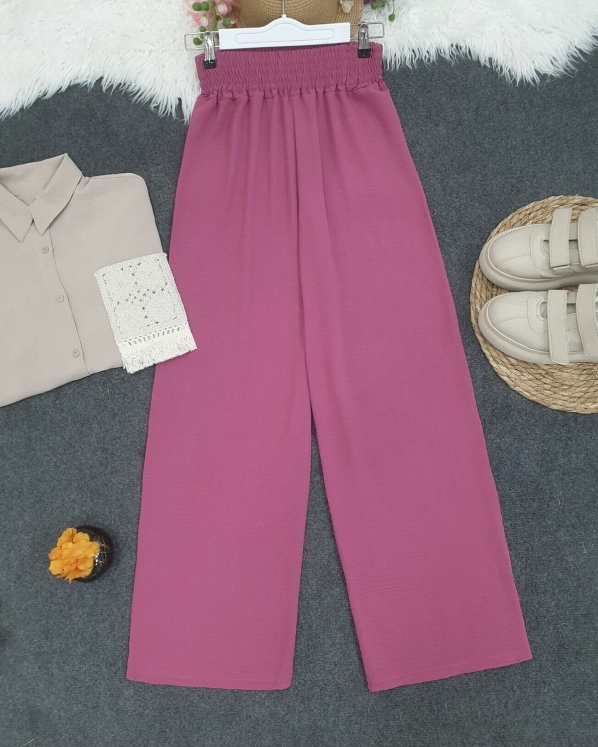 Moda Morfo Beli Kalın Lastikli Salaş Ayrobin Pantolon -Vişne görsel 2