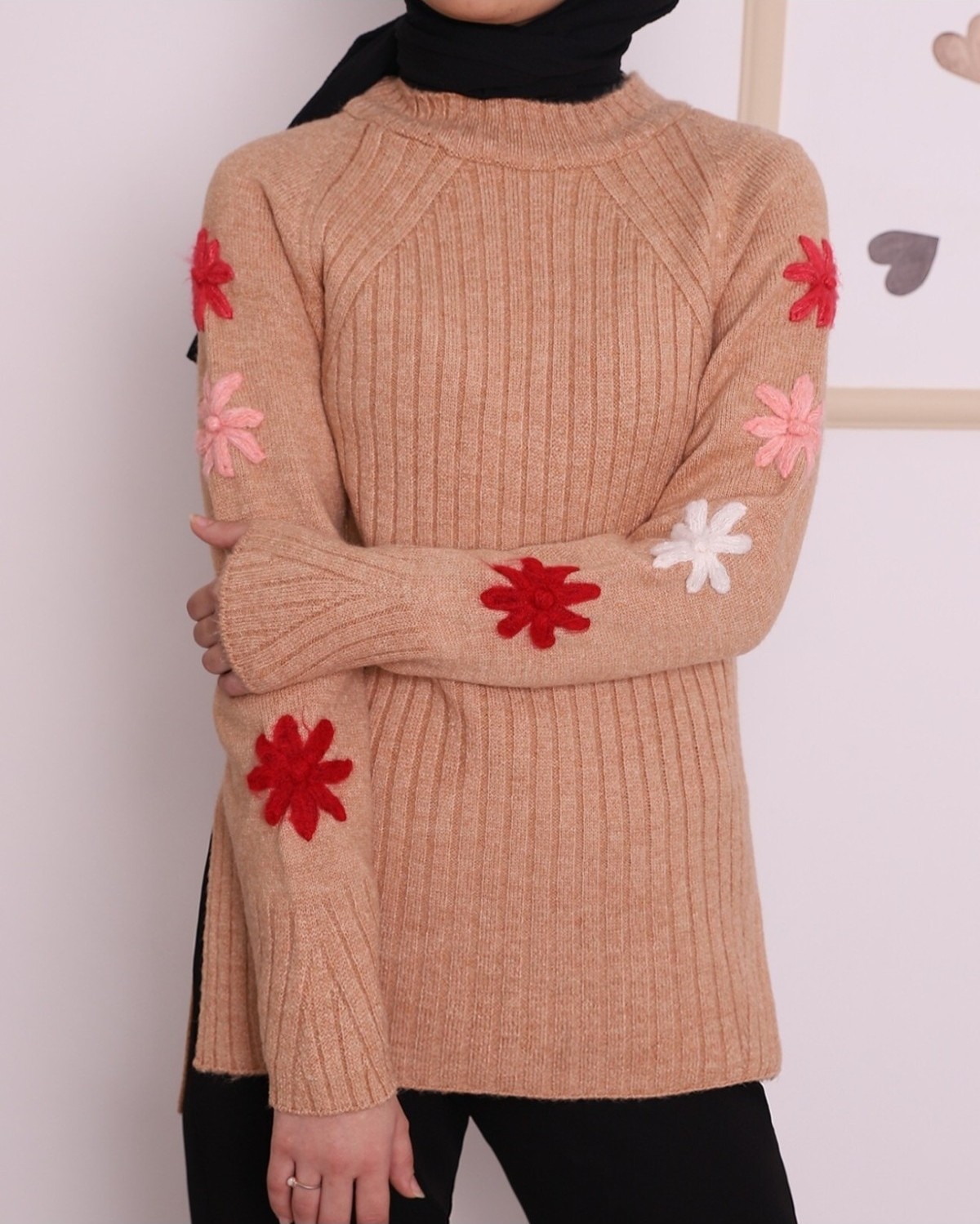 Moda Morfo Kabartma İşlemeli Arkası Uzun Kışlık Triko Tunik -Vizon görsel 2