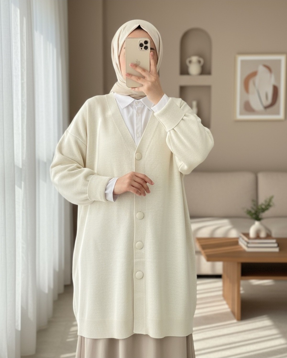 Moda Morfo Düğmeli Kışlık Tesettür Triko Hırka -Taş görsel 7
