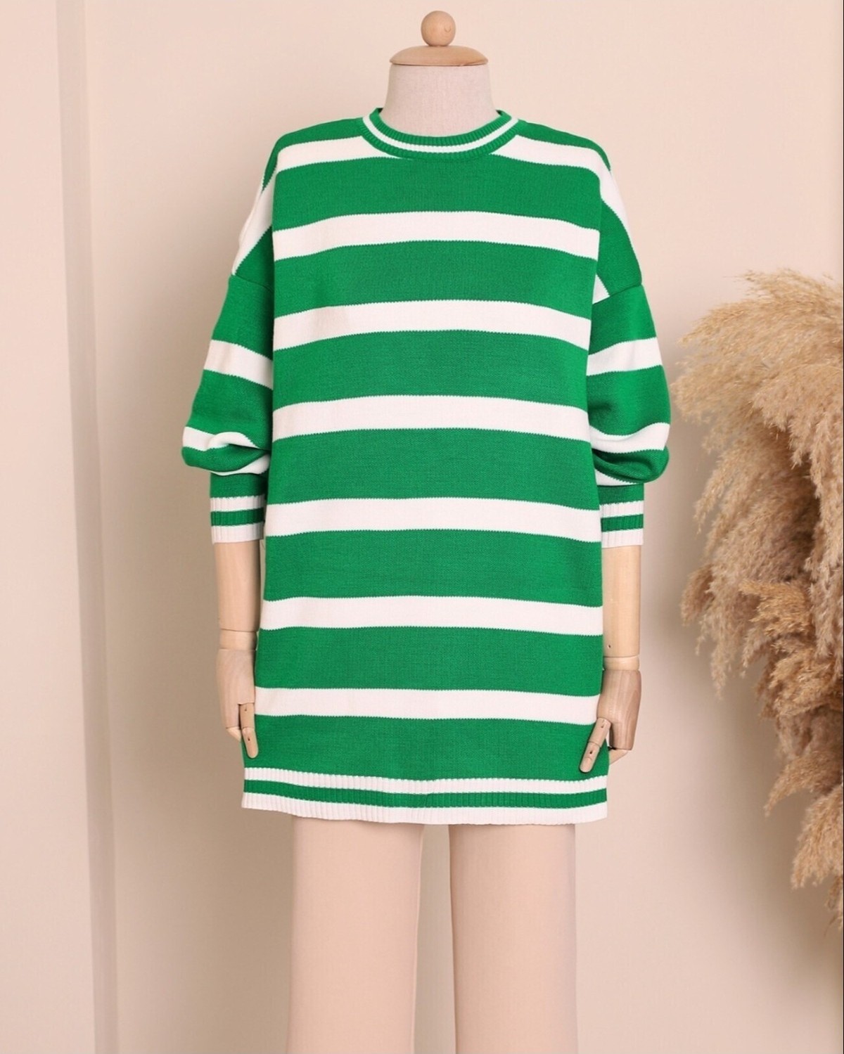 Moda Morfo Çizgili Kışlık Tesettür Triko Tunik -Yeşil görsel 3
