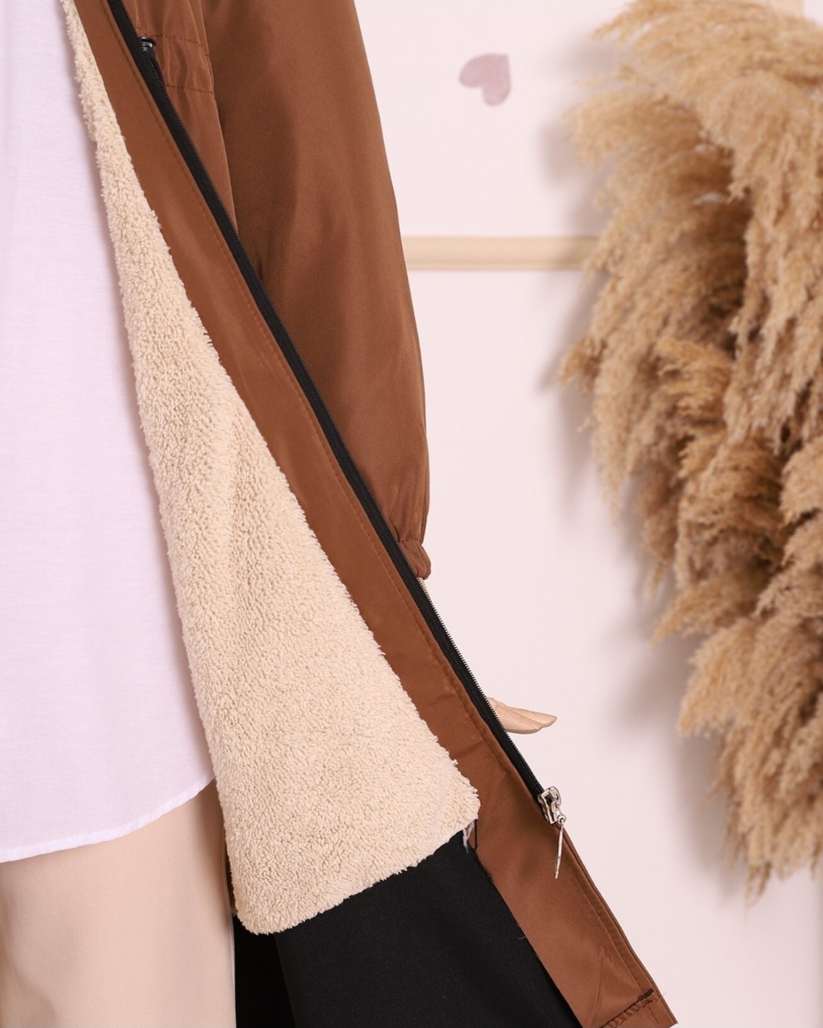 Moda Morfo Cepleri Kuşgözlü Çıkma Kapşonlu Bondit Kaban -Taba görsel 3