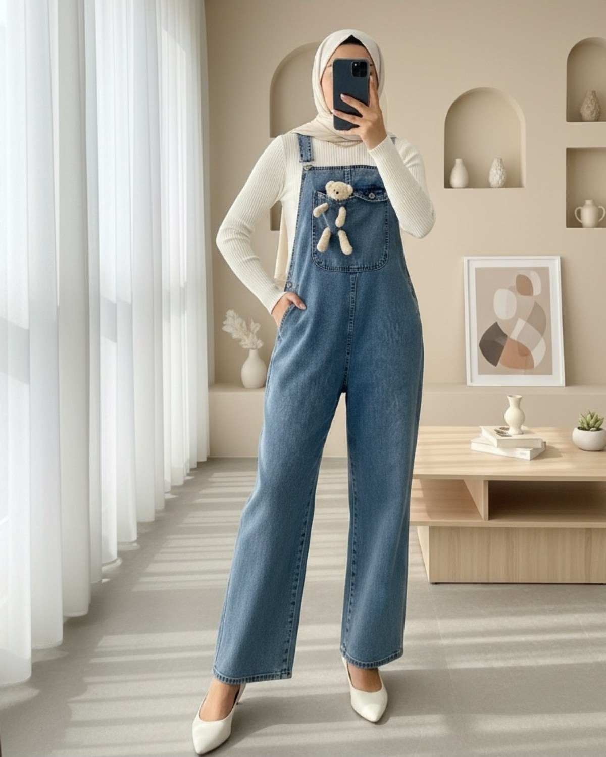 Moda Morfo Ayıcık Detaylı Askılı Yanları Düğmeli Kot Tulum -Buz Mavi görsel 2