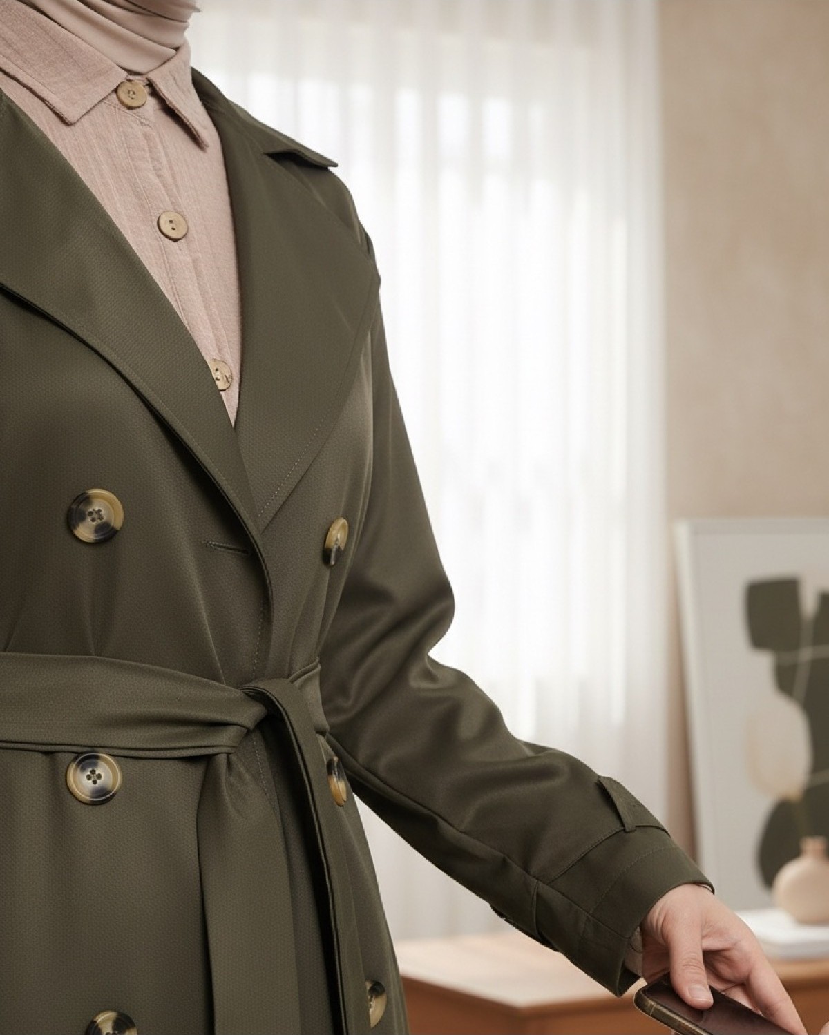 Moda Morfo Çift Düğme Kemerli Uzun Trenckot -Haki görsel 8