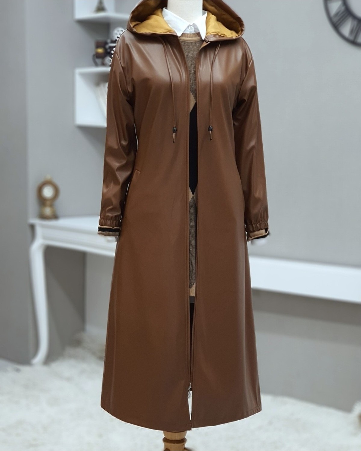 Moda Morfo Kapşonlu Fermuarlı Kolları Lastikli Deri Kap -Taba görsel 4