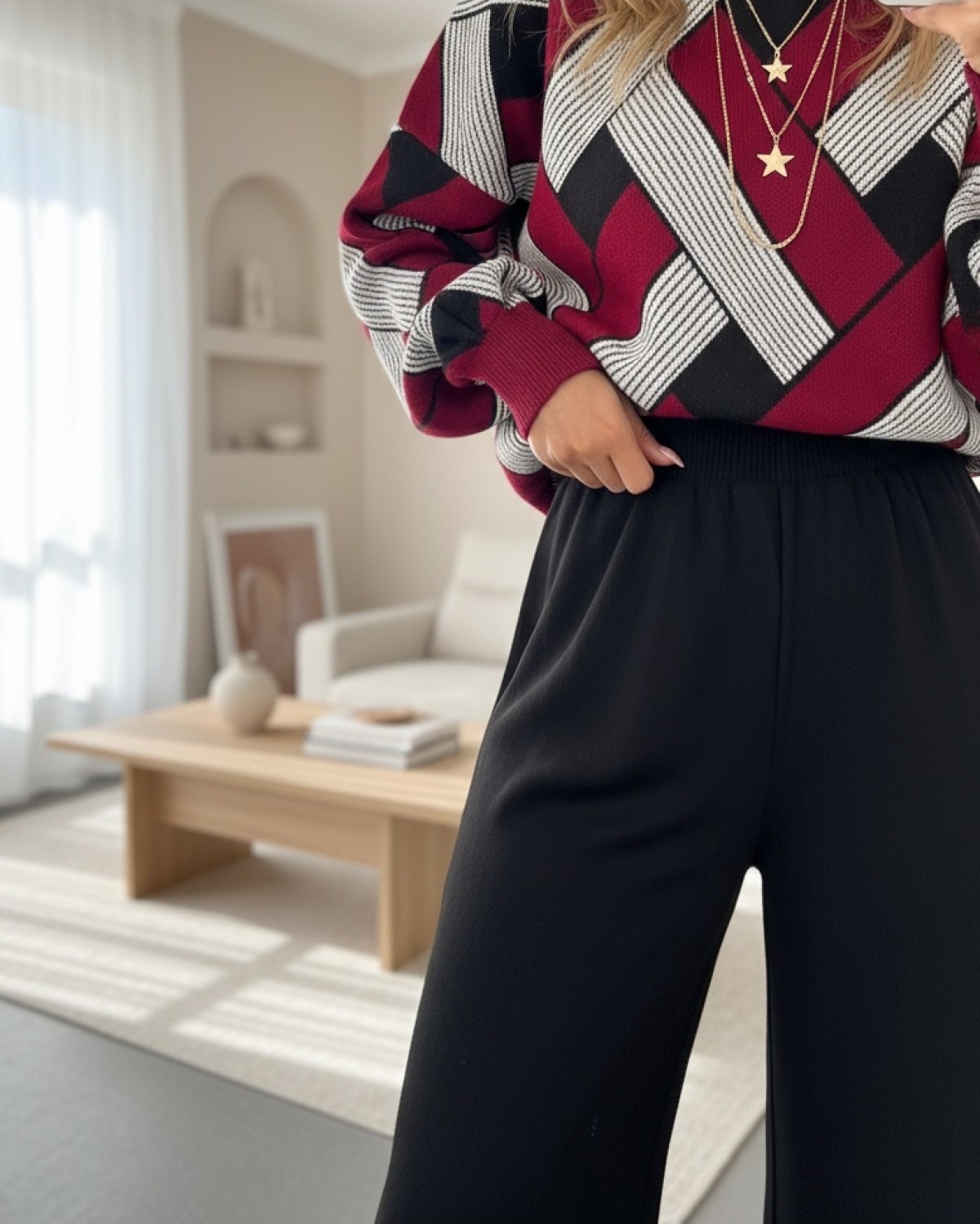 Moda Morfo Salaş Triko Pantolon -Siyah