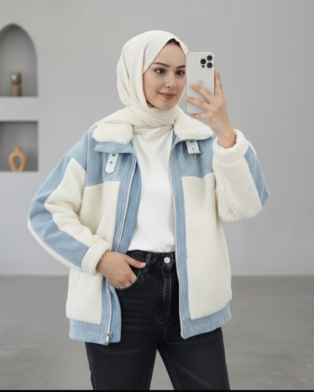 Moda Morfo Kot Detaylı Astarlı Cepli Peluş Mont -Beyaz görsel 2