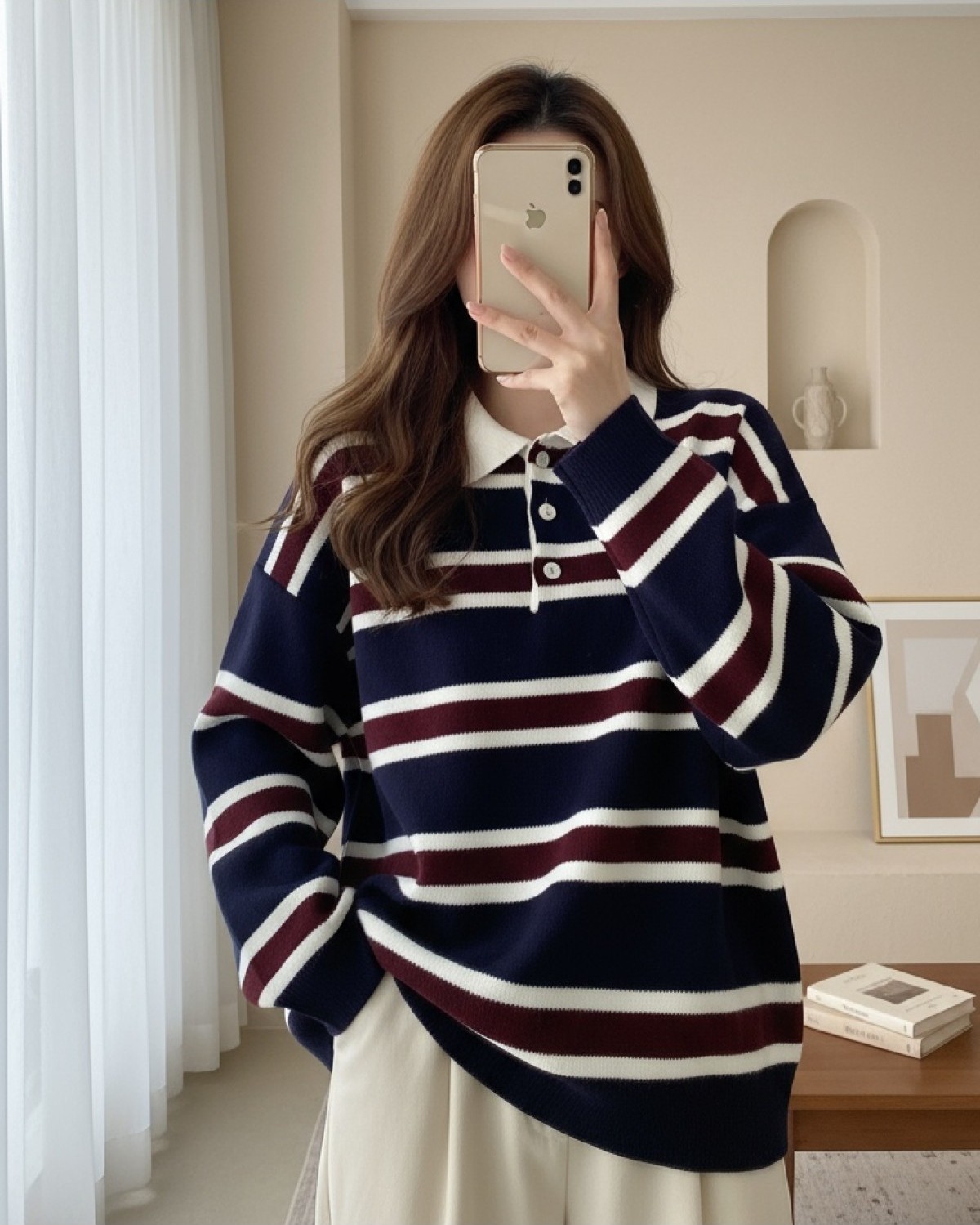 Moda Morfo Polo Yaka Düğmeli Renkli Çizgili Triko Kazak -Toprak