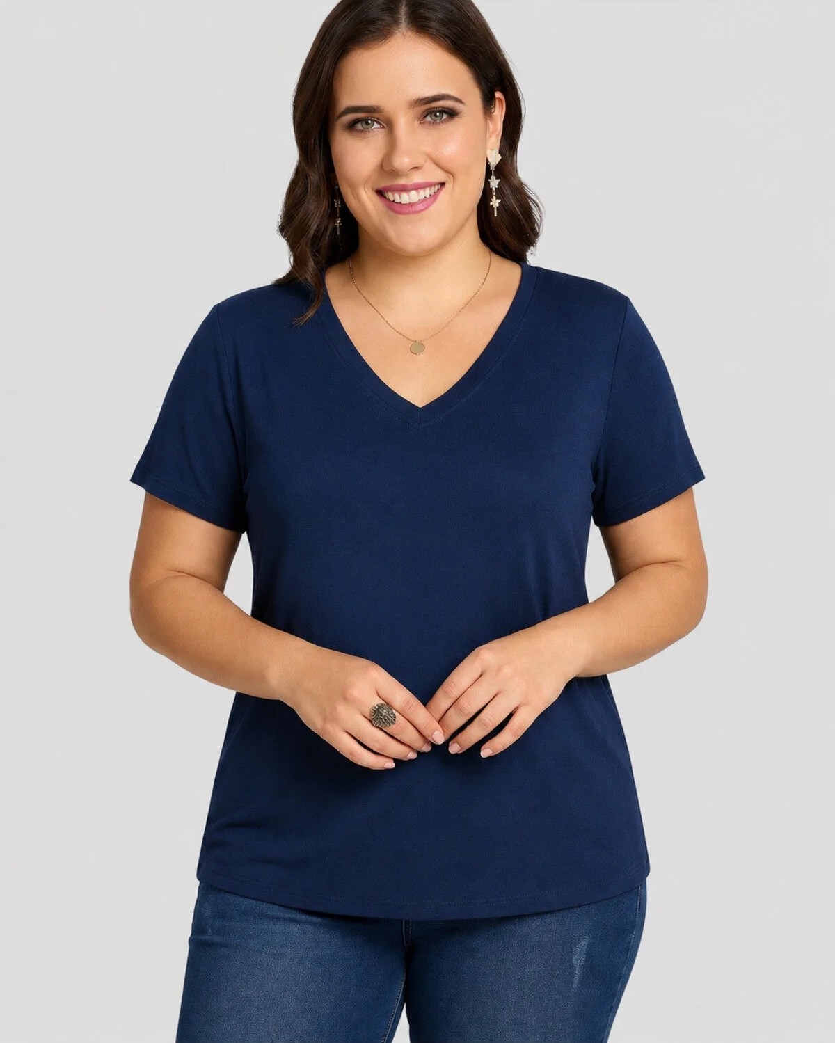 Curvy Trend Büyük Beden V Yaka Kısa Kol Geniş Etekli Bluz görsel 2