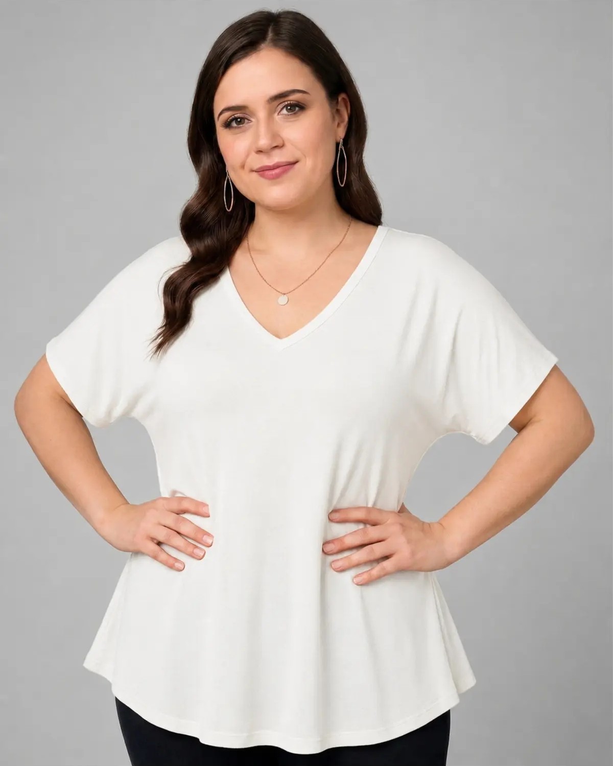 Curvy Trend Büyük Beden V Yaka Kısa Kol Geniş Etekli Bluz