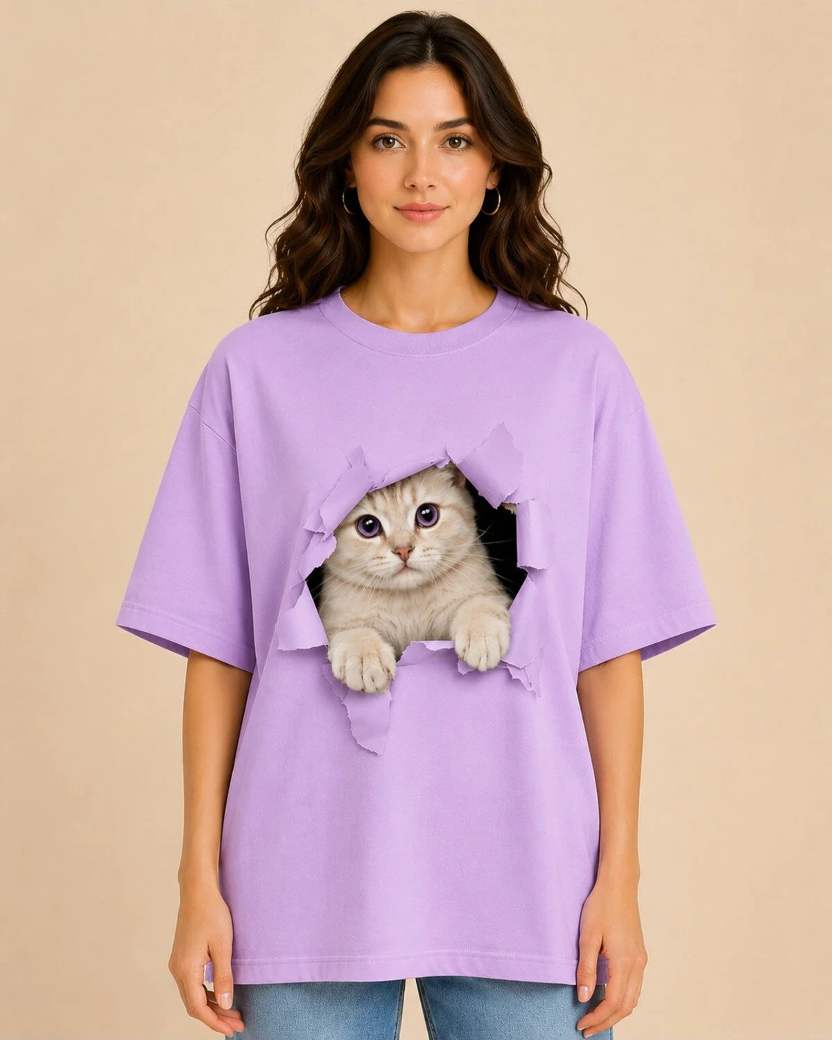 Enb1r Moda Kadın Kırmızı Oversize Kedi Baskılı Basic Tişört Yırtık Efektli Cute Cat