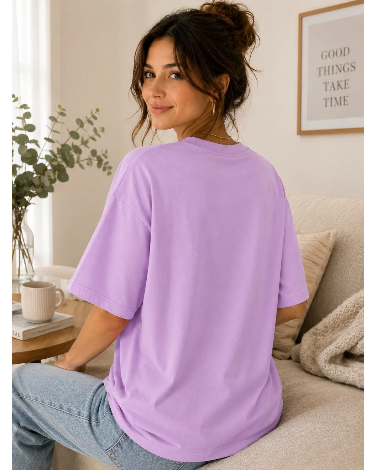 Enb1r Moda Kadın Kırmızı Oversize Kedi Baskılı Basic Tişört Yırtık Efektli Cute Cat görsel 2
