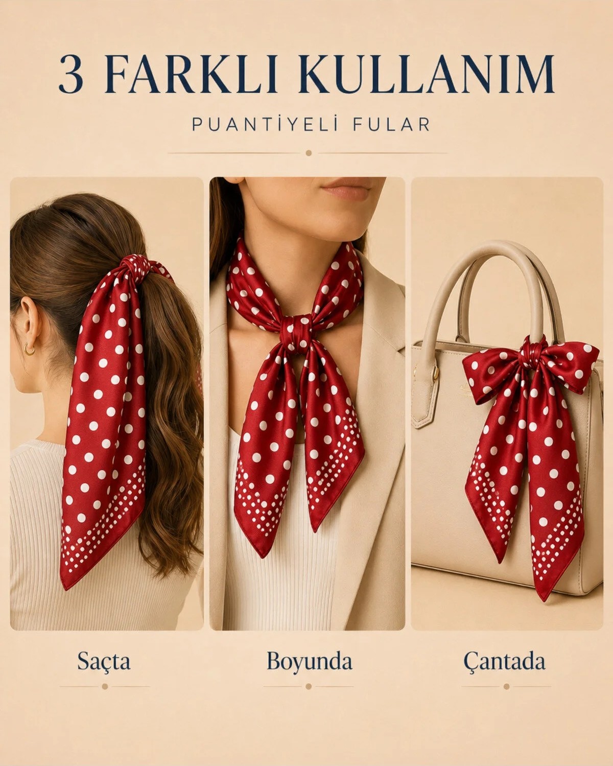 OUS Kadın Puantiyeli 50X50 cm Saten Fular, Kırmızı Ipeksi Dokulu Kare Boyun Saç ve Çanta Aksesuarı görsel 2