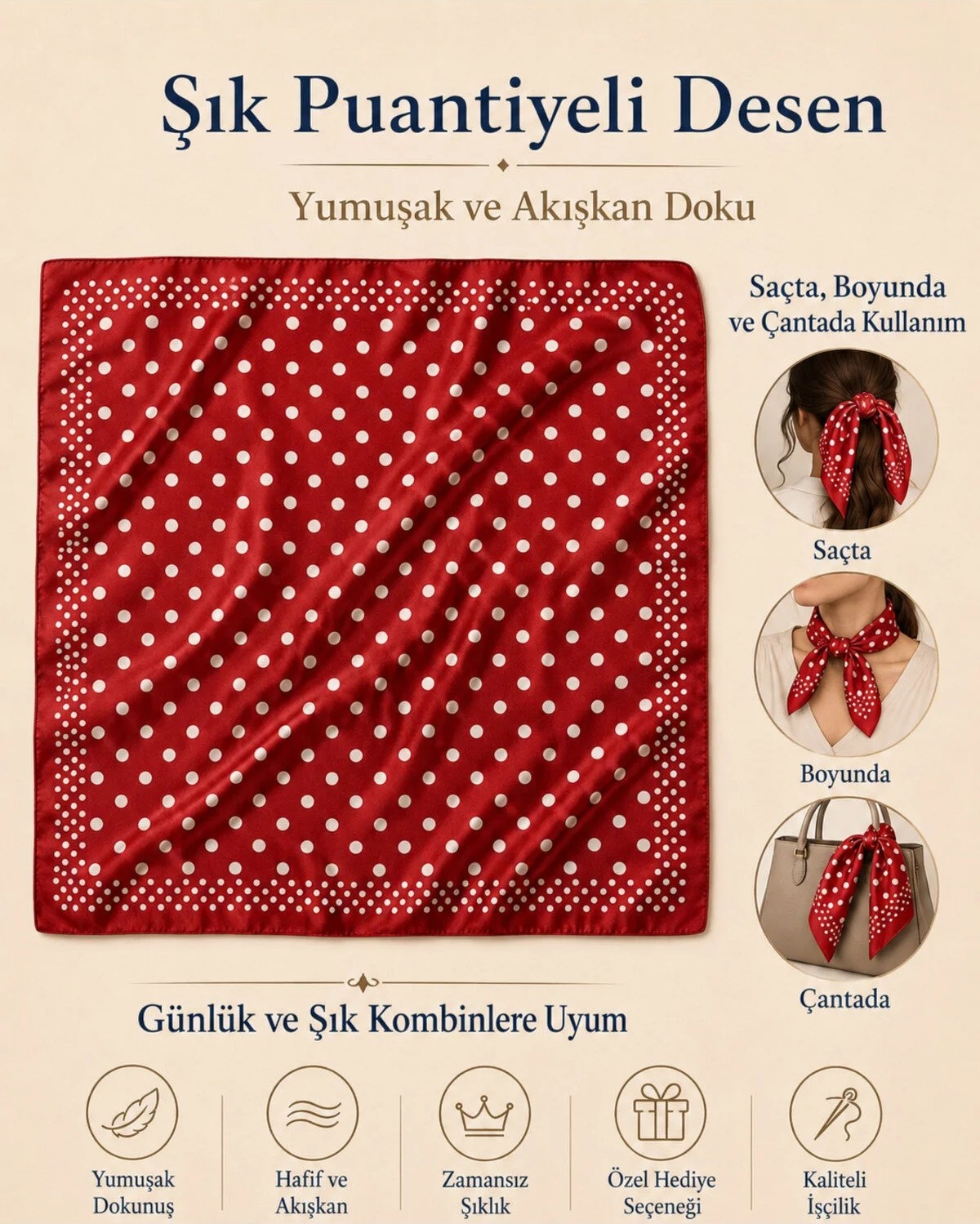 OUS Kadın Puantiyeli 50X50 cm Saten Fular, Kırmızı Ipeksi Dokulu Kare Boyun Saç ve Çanta Aksesuarı görsel 4