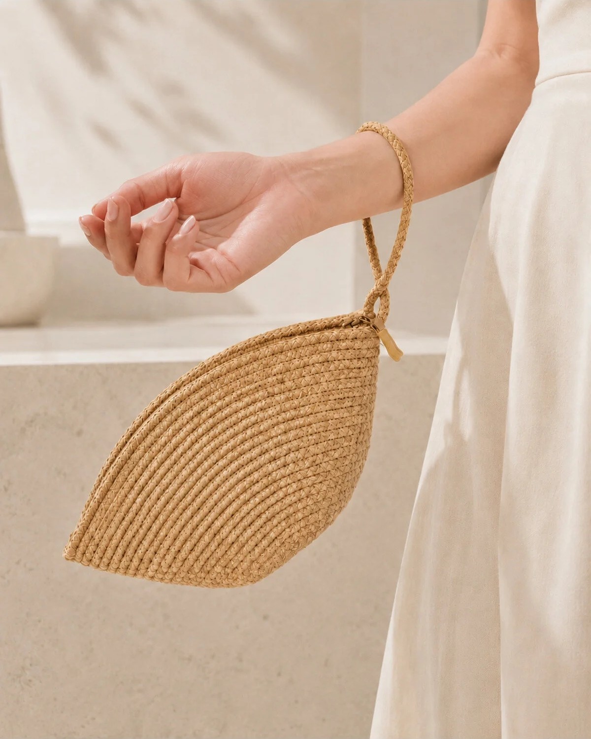 Naspar Hasır Jüt Ip Dikişli El Çantası Günlük Kullanım Kadın Portföy Clutch Çanta 30X15X15 cm | Fermuarlı, El Askılı