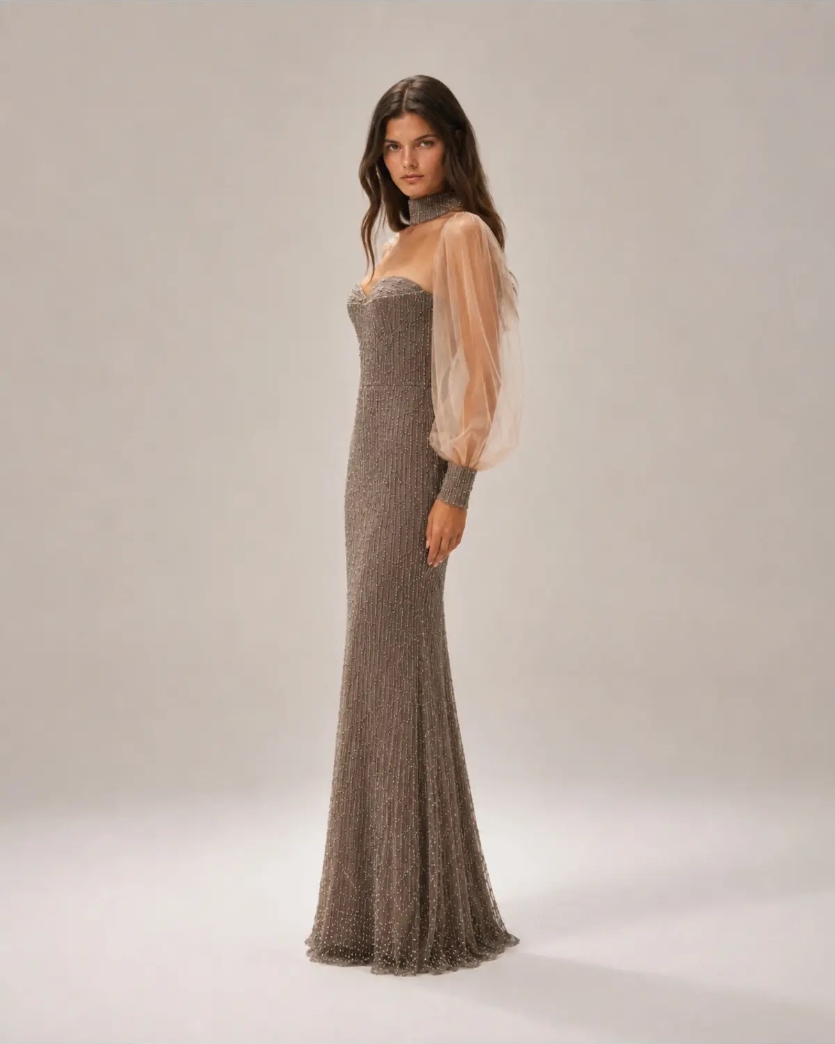 Can Çapar Kadın Gri Taş Işlemeli Tül Balon Kollu Halter Yaka Uzun Abiye Elbise