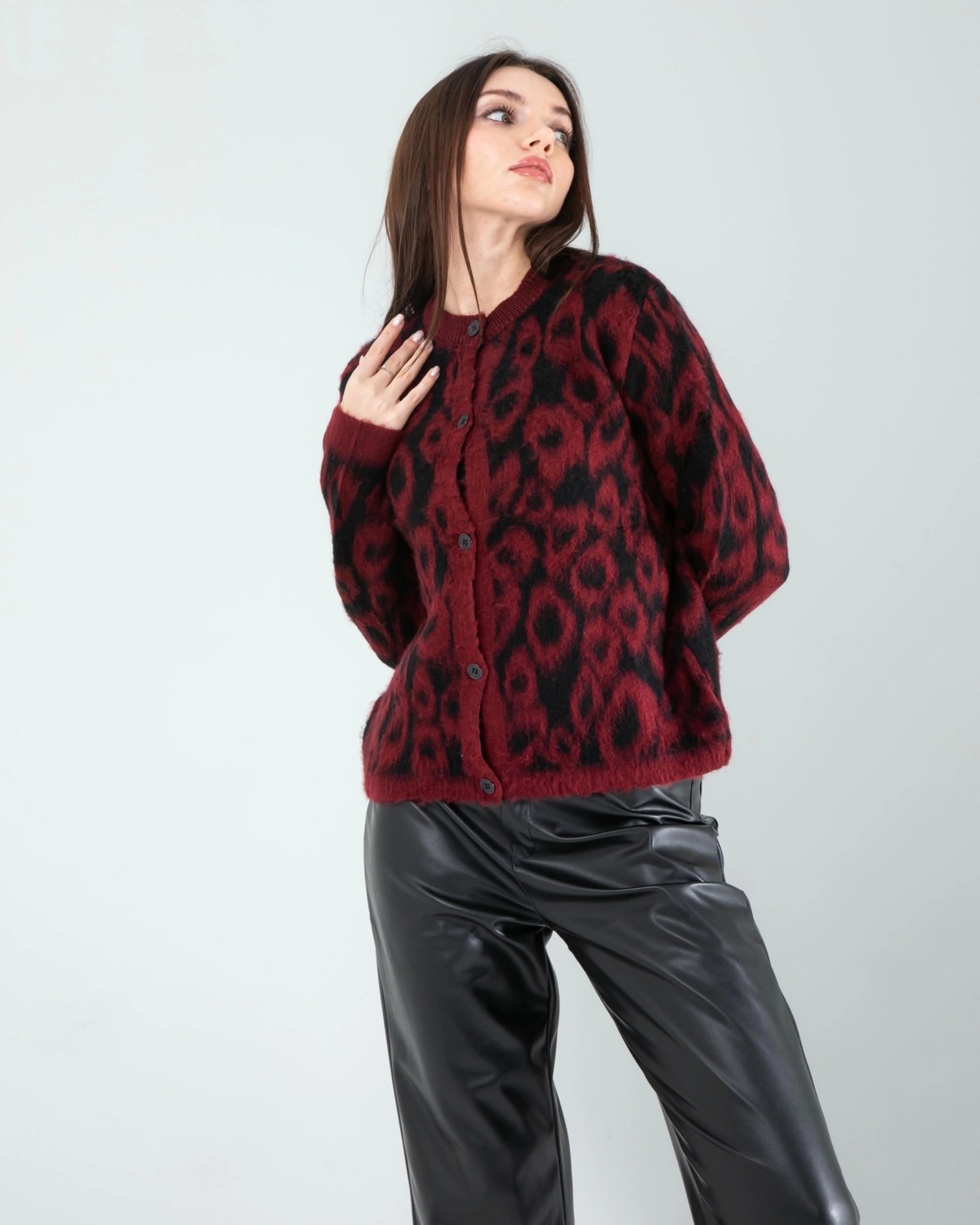 Karşı Vitrin Kırmızı Leopar Desen Sakal Triko Hırka