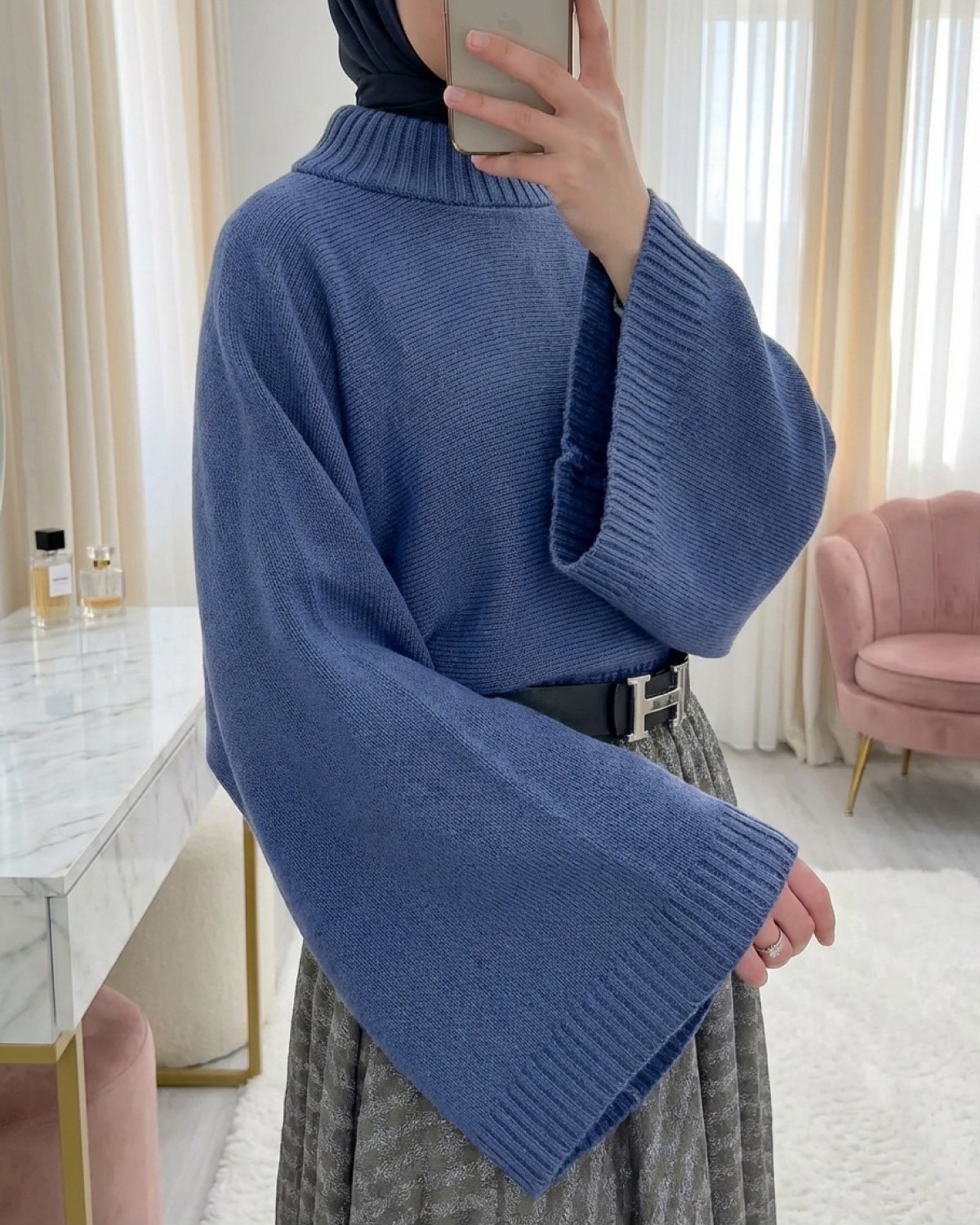 Moda Morfo Yarım Boğaz Krop Triko Kazak -İndigo görsel 6