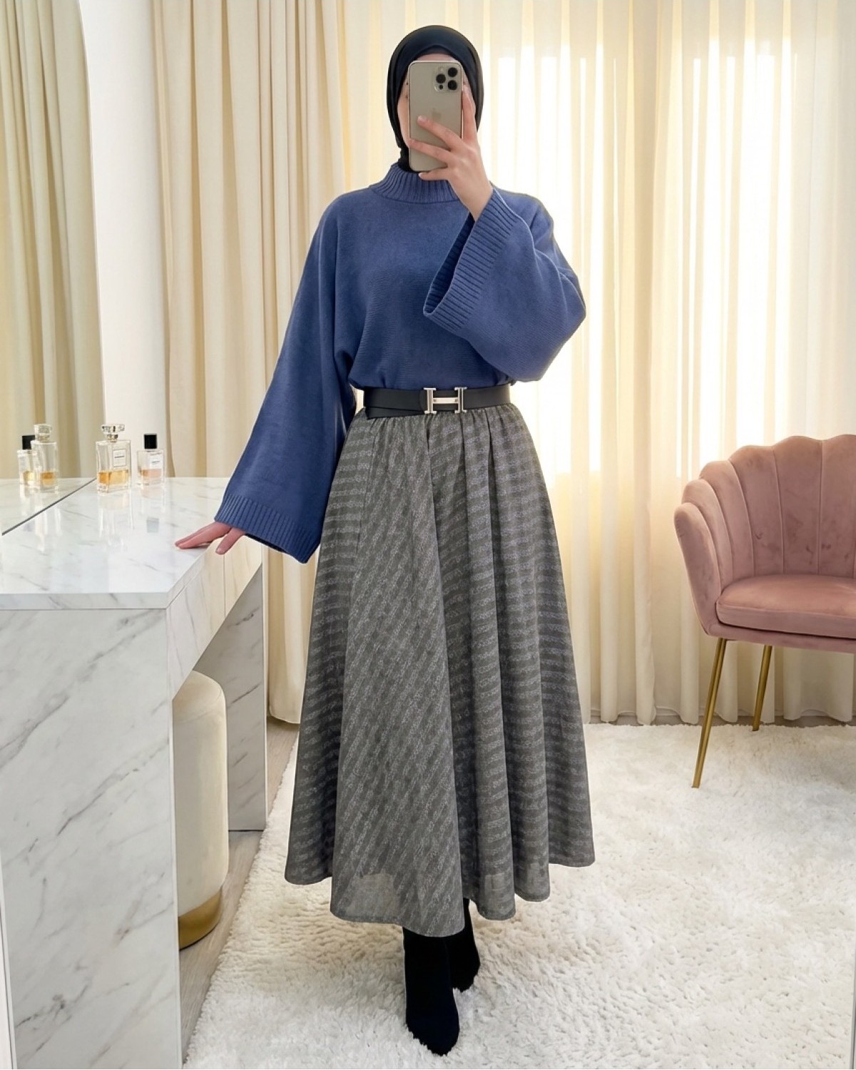 Moda Morfo Yarım Boğaz Krop Triko Kazak -İndigo görsel 7