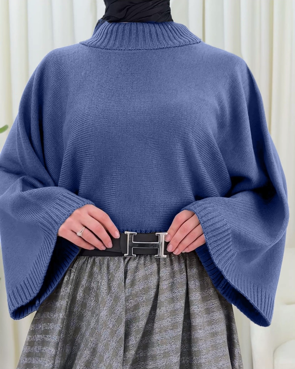 Moda Morfo Yarım Boğaz Krop Triko Kazak -İndigo görsel 8