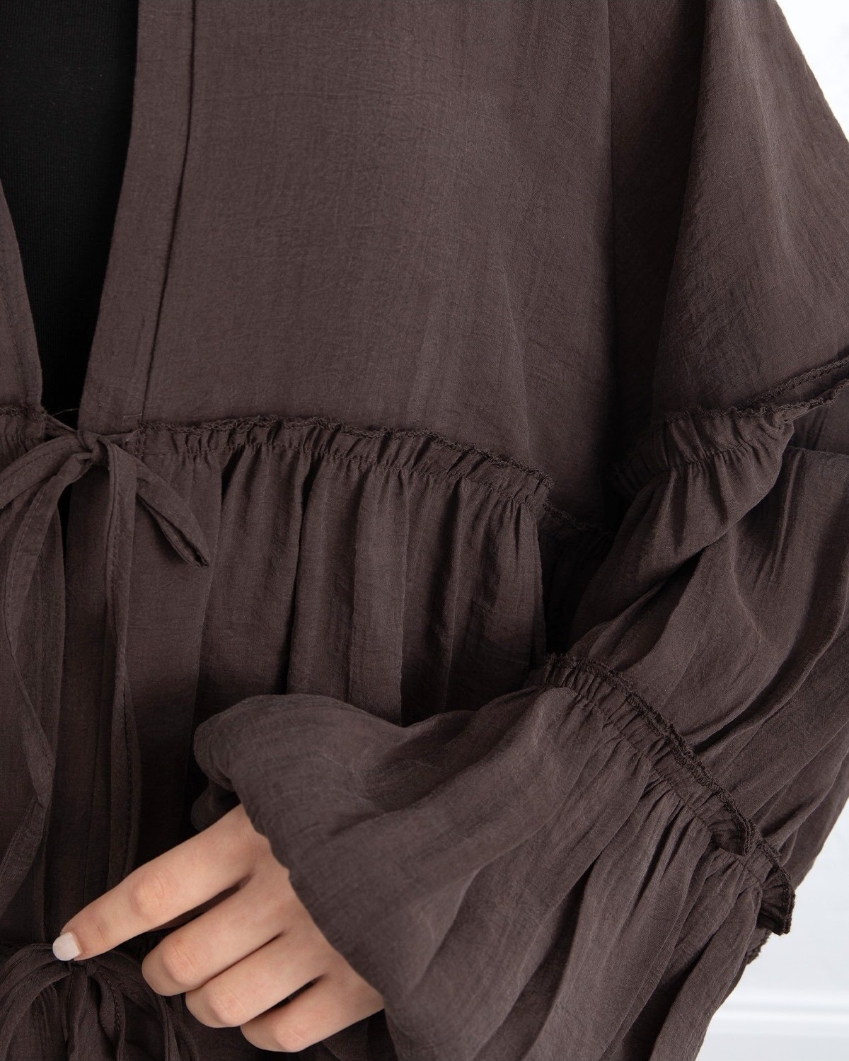 Moda Morfo Kolu Lastikli Önü Bağlamalı Katlı Modal Gömlek -Haki görsel 3