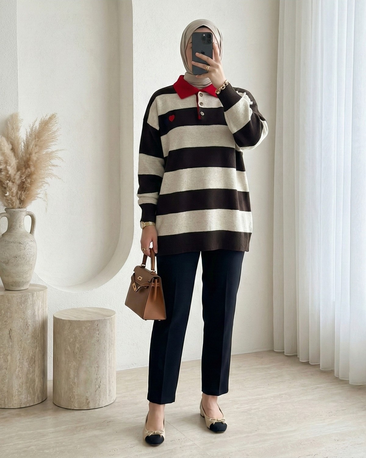 Moda Morfo Gömlek Yaka Düğmeli Kalp Nakışlı Triko Tunik -K. Kahve