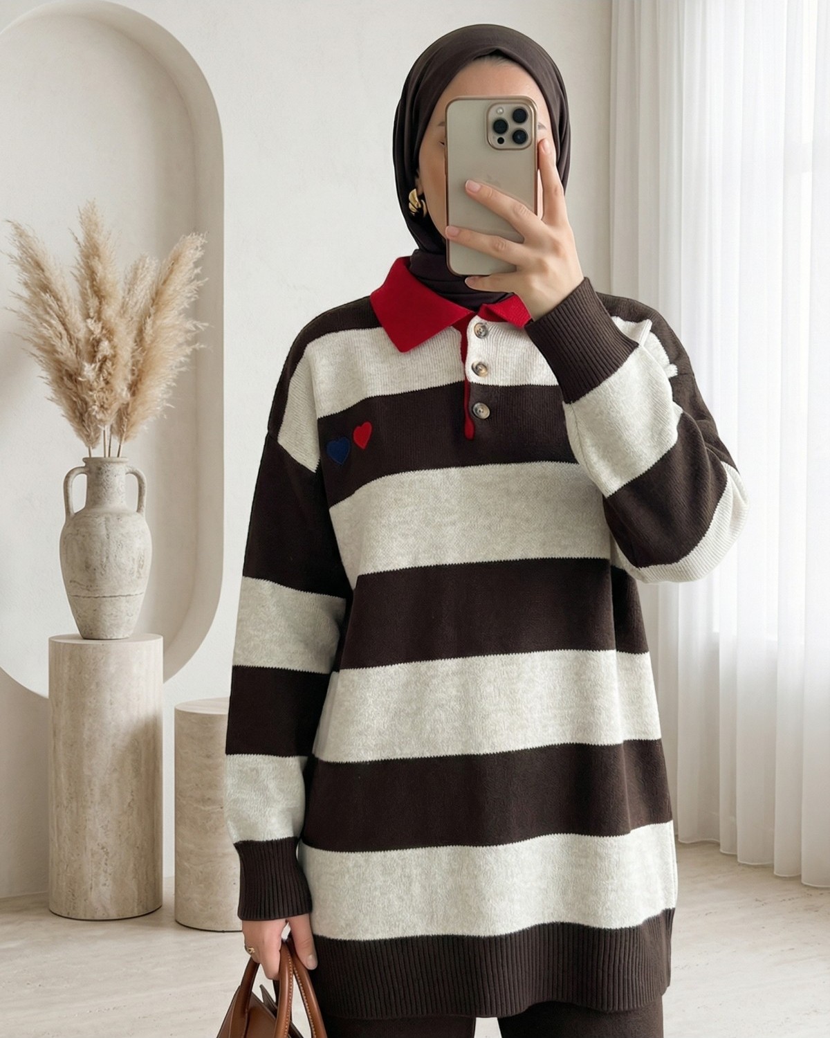 Moda Morfo Gömlek Yaka Düğmeli Kalp Nakışlı Triko Tunik -K. Kahve görsel 2
