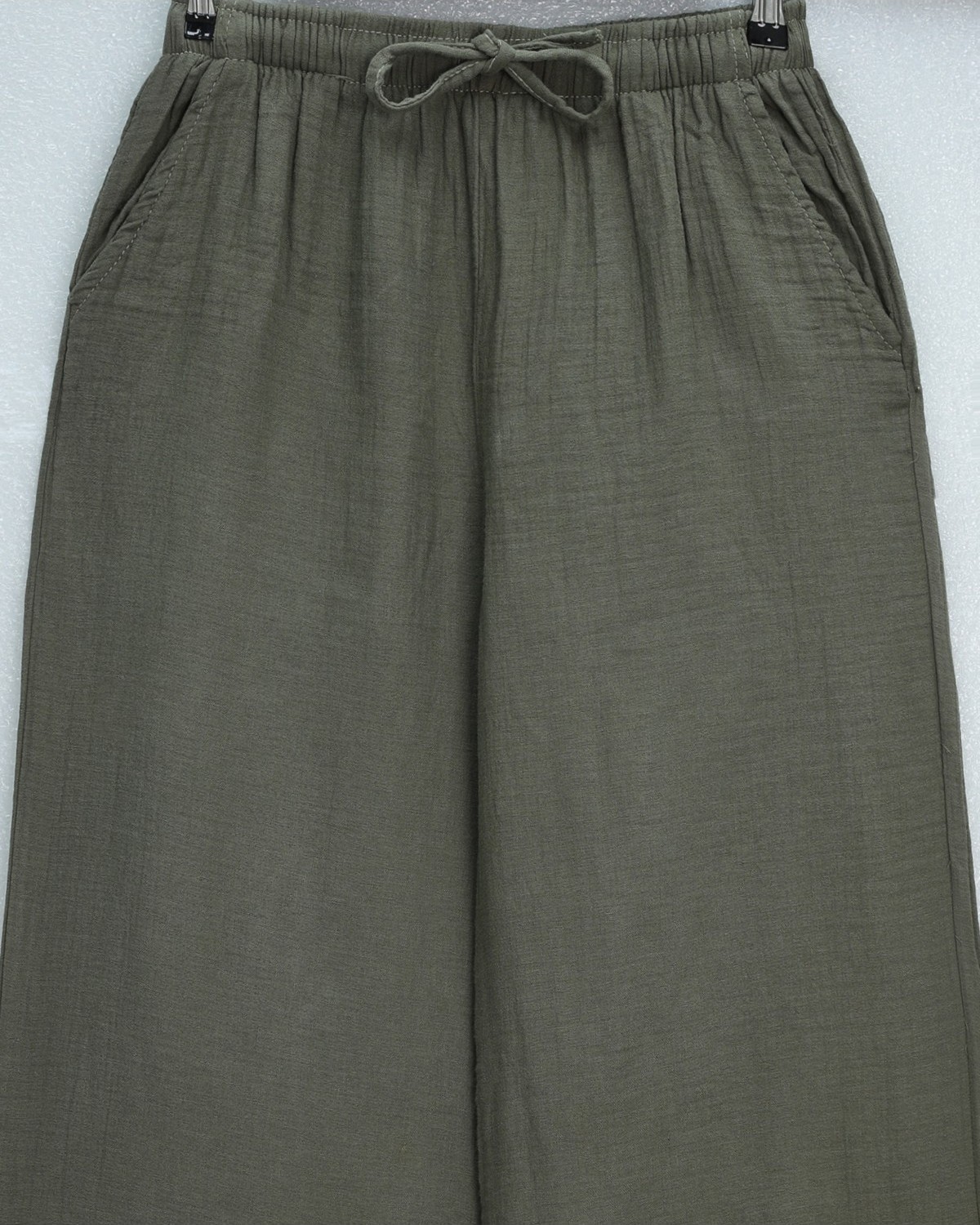 Moda Morfo Beli Lastikli Bağcıklı Bol Paça Müslin Pantolon -Haki görsel 8