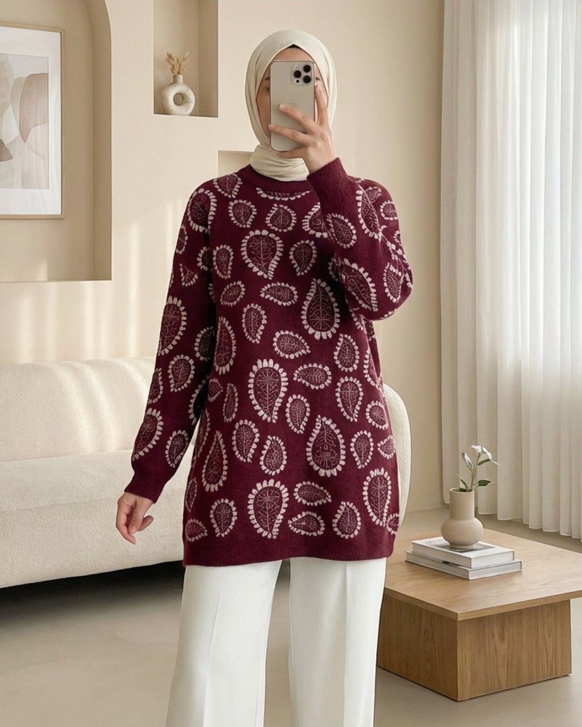 Moda Morfo Dik Yaka Damla Desenli Sakallı Salaş Triko Kazak -Laci