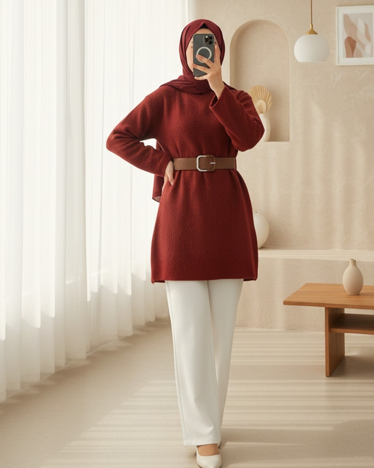 Moda Morfo Kalın Kemerli Buklet Kazak -Siyah
