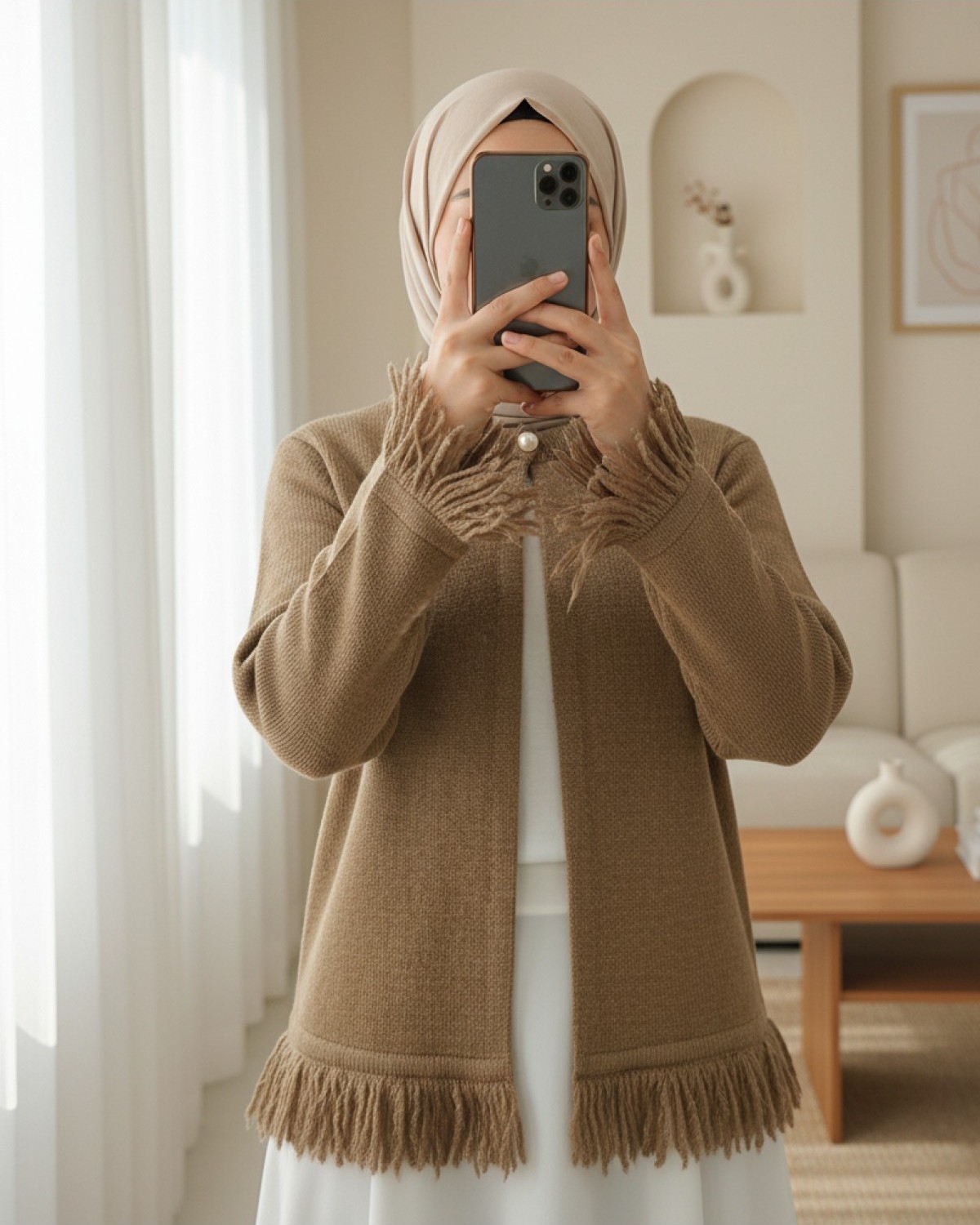 Moda Morfo Tek Düğmeli Saçaklı Yumoş Triko Hırka -Füme