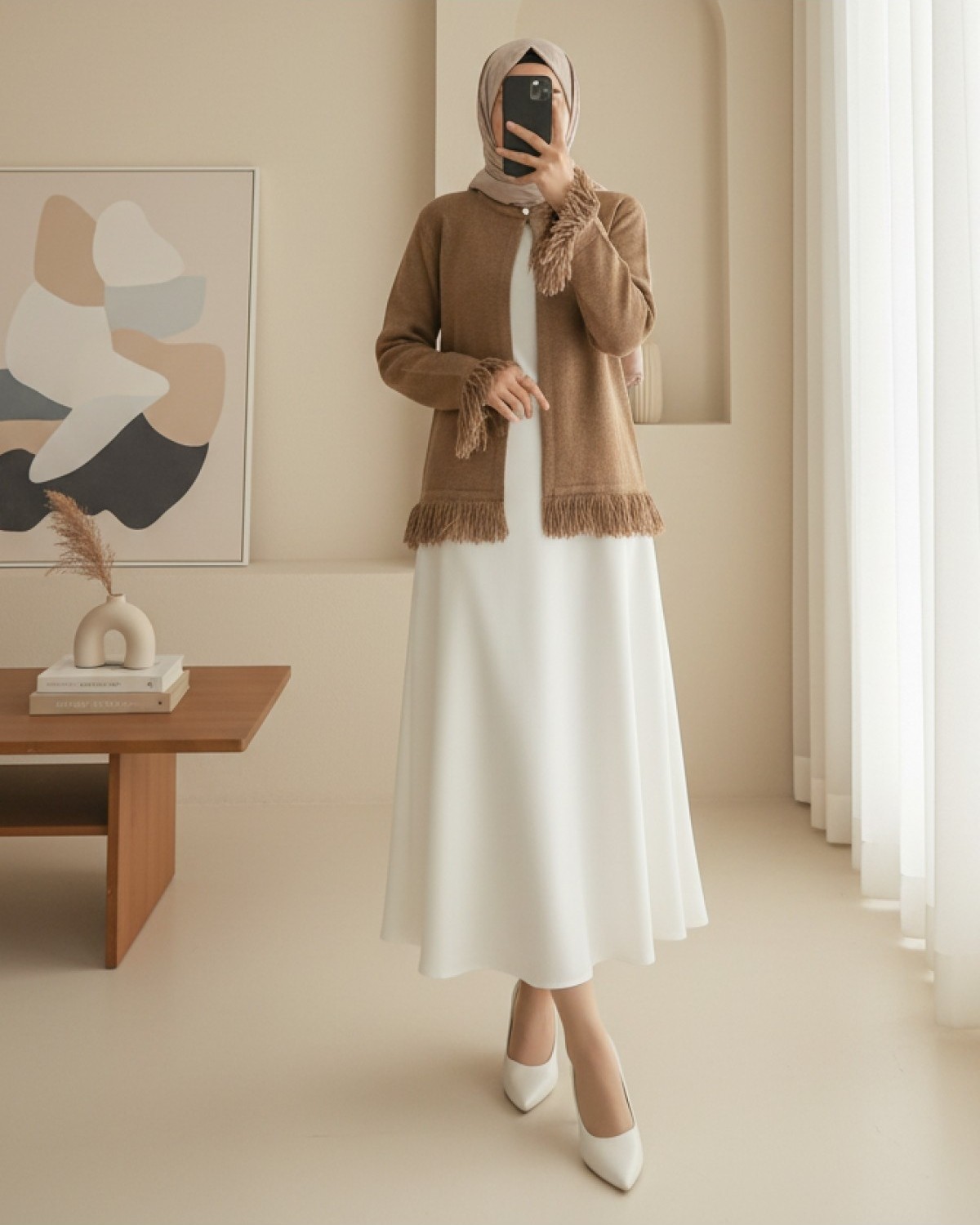 Moda Morfo Tek Düğmeli Saçaklı Yumoş Triko Hırka -Füme görsel 2