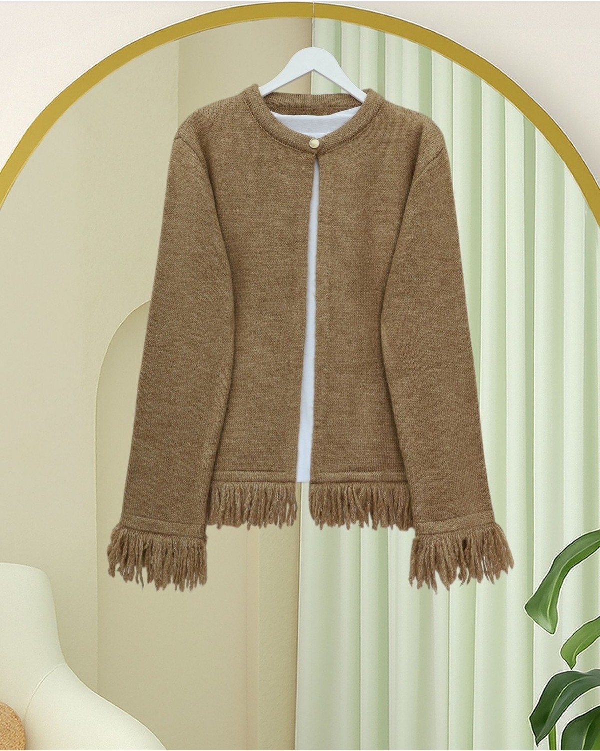 Moda Morfo Tek Düğmeli Saçaklı Yumoş Triko Hırka -Füme görsel 4
